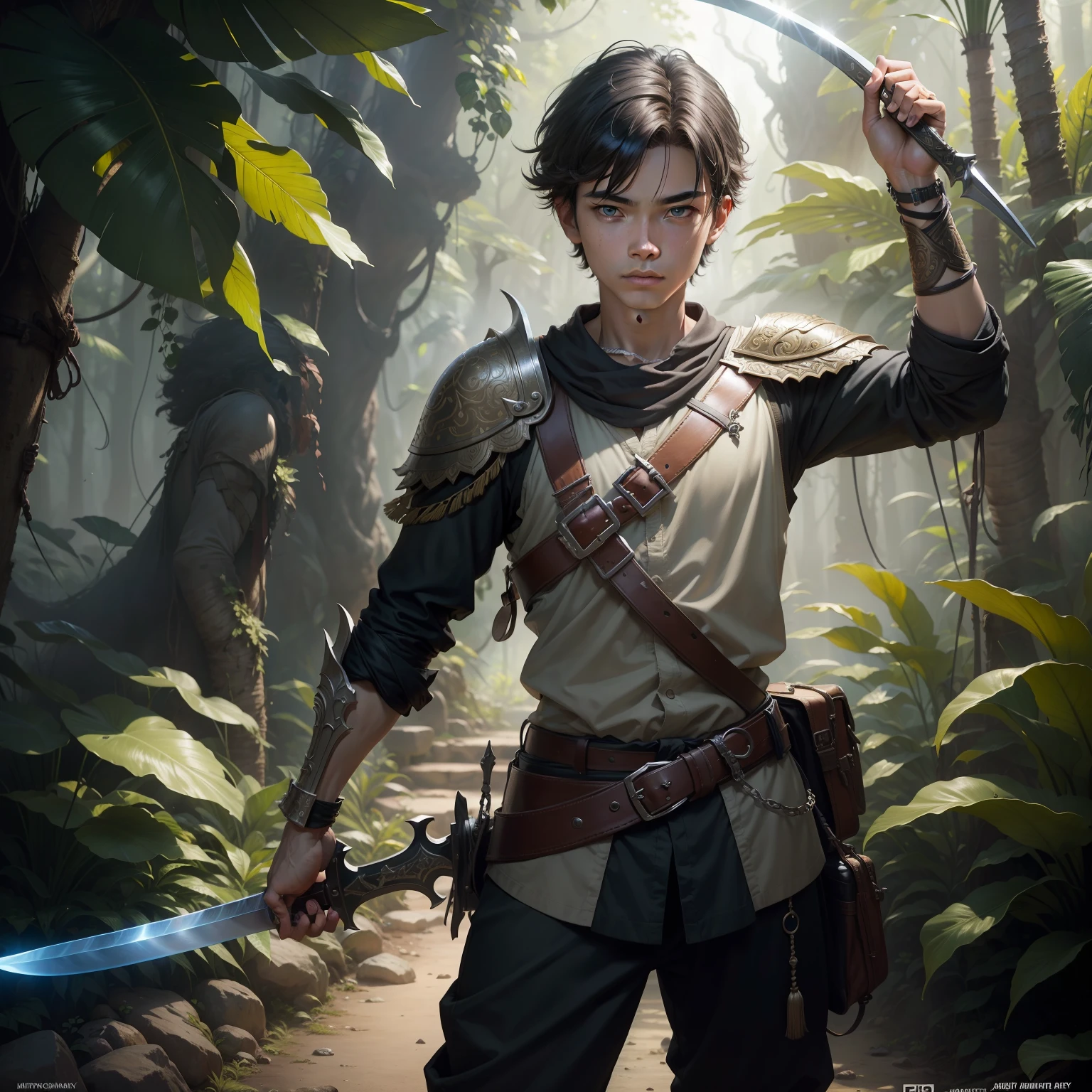 masterpiece, best quality, realistic, 16-years-old boy with hairband, 1boy, solo, happy, jungle, big sword, dramatic light, 8k, determined look, Intricate details, highly detailed, Sharp focus, a digital rendering, professional, 4K, art stations, Art germ, fantasy, full body