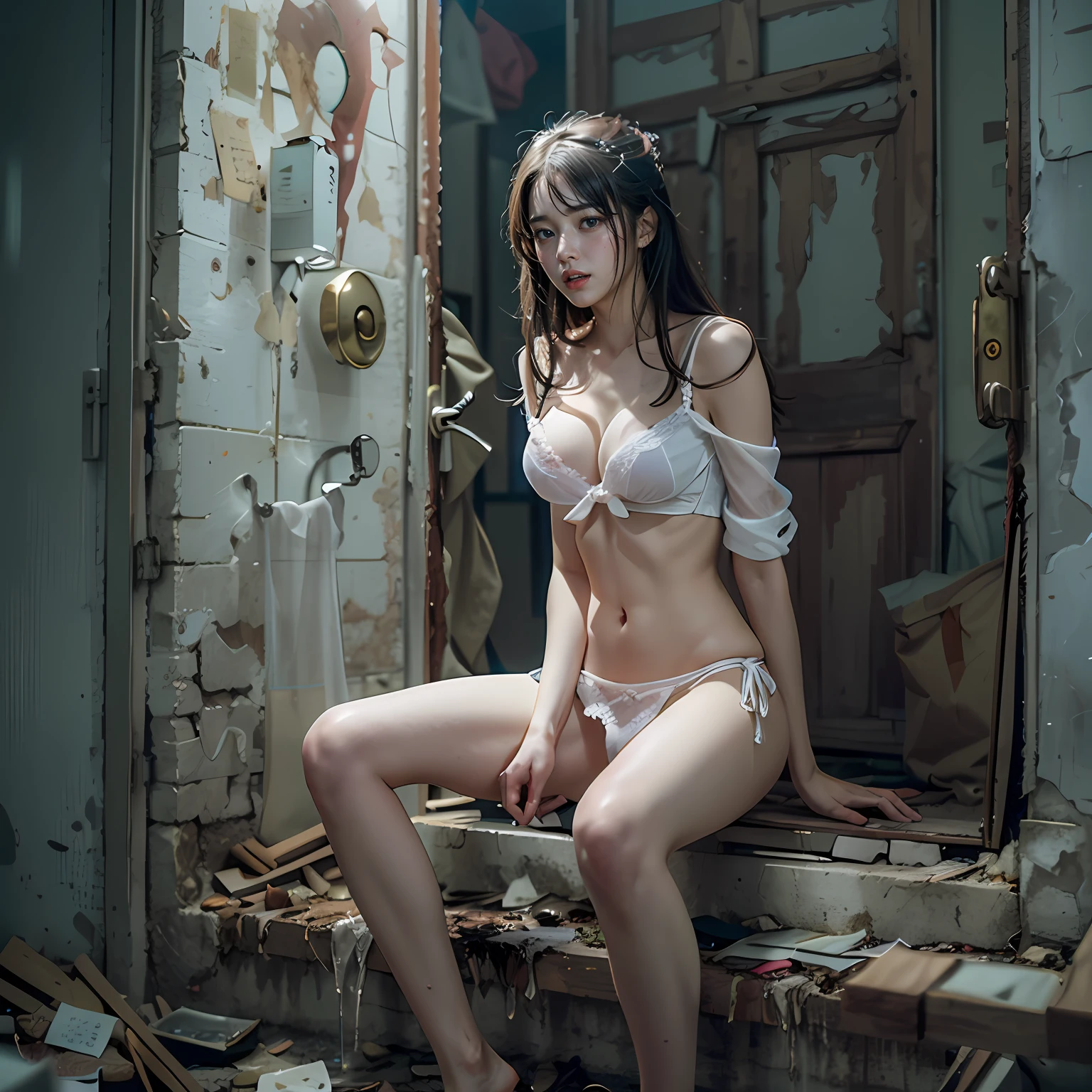 Very cute extreme exhibitionist korean beauty in abandoned men's toilet,Being stared at by men,Very dirty,Devastated,Broken doors and windows,Clutter piles up haphazardly,The ground is a mess,pee stain, Sweat, The ground is dilapidated,White skinny bikini,Cloudy white liquid covering,facing at camera,Exquisite and perfect facial features,White and tender skin,Slender legs,Delicate and perfect human body structure,Barefoot,Spread your legs,full-body portraits,Extreme picture quality,Highest accuracy,40k, Photography, masutepiece, Best quality, dark grey background, White skin, ((Smaller bust :1.3)), ((((No panties, no-bra)))), ((cleavage, Exposed breasts, Exposed crotch, Exposed lower abdomen, exhibitionism, exposed shaved pubic hair)), Best quality, masutepiece, hyper HD, (Photorealistic:1.4), RAW photo, (perfect body type), (Slim:1.1), Slim abdomen, perfect slim figure, (((Full-figured :0.9))), Solo, Sagging breasts, deep shading, Unobtrusive, Cold light 12000K, Highly detailed facial and skin texture, Detailed eyes, Realistic eyes, Beautiful detailed eyes, (Realistic face Realistic skin), Attractive, 超高分辨率, ultra-realistic realism, Highly detailed, (Yawning), (((exhibitionism)))