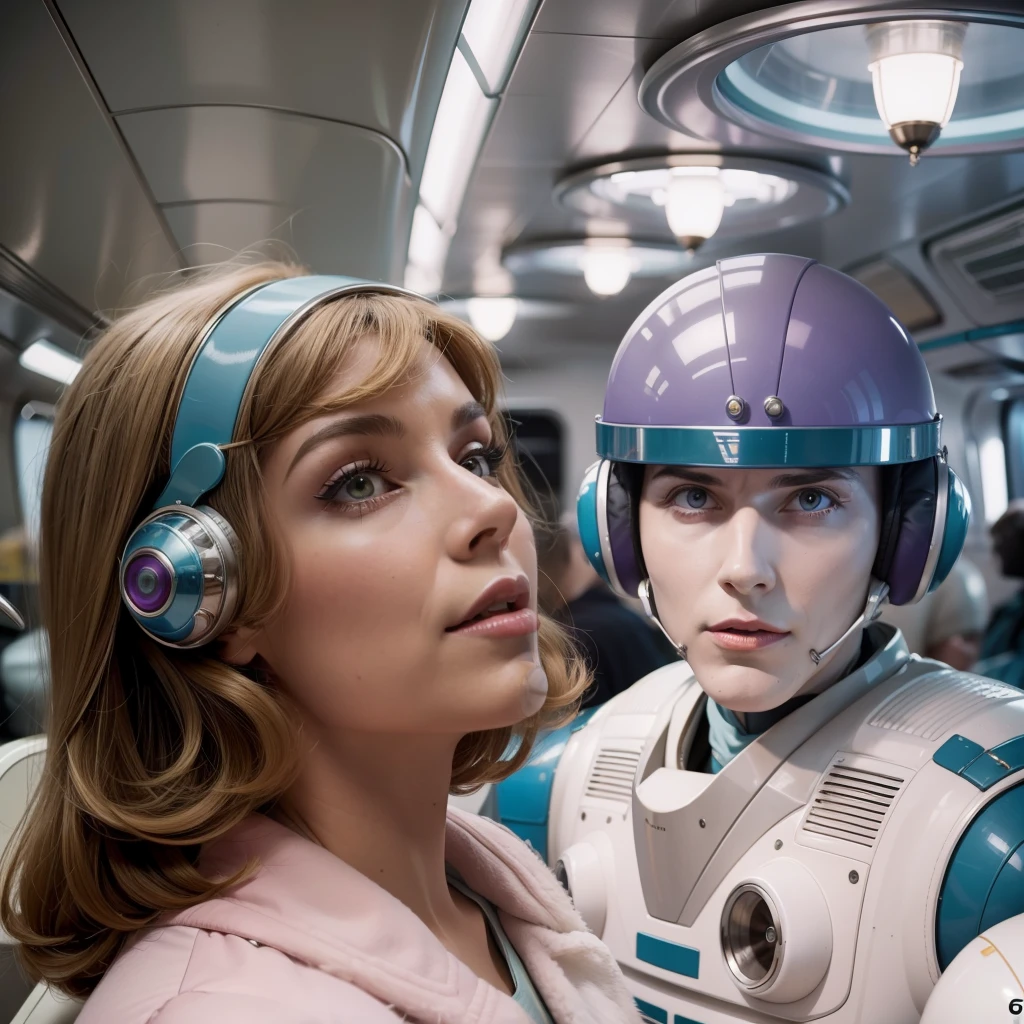 4k image from a 1960s science fiction film by Wes Anderson, Filme O Grande Hotel Budapeste, pastels colors, Woman and a white robot man wearing retrofuturistic alien masks and holding colorful suitcases and chests on the bus, Retro-futuristic fashion clothes from the 60s with old robots, Luz Natural, Psicodelia, futurista estranho, retro-futurista, photo-realistic, Sharp background details.