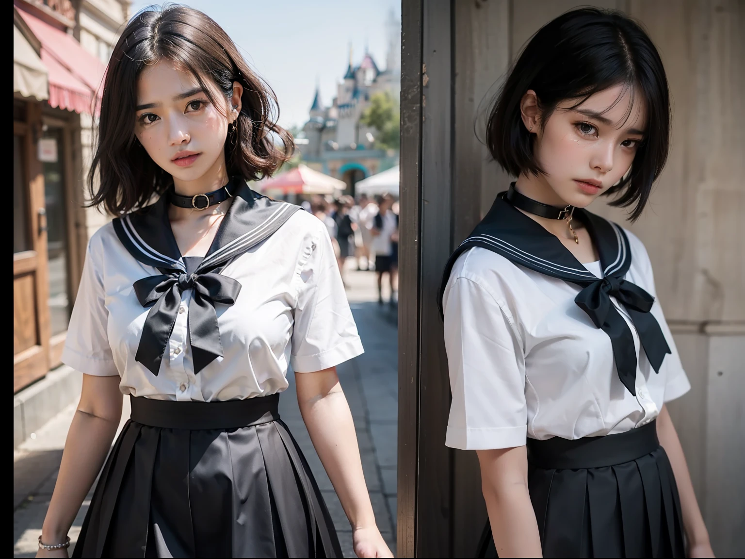 The highest quality shooting 、Spectator 、 (((Black collar))) 、 Skirt Roll Up 、 Two Women、White School Uniform、(((audience))) 、a sailor suit 、gust of wind 、Walk 、(((turned around))) 、look behind、satchel 、Dark blue pleated skirt 、Knee-length pleated skirt、Walk 、student clothes 、 Collar with a leash 、Cowboy Shot 、is crying 、Portraits are prohibited 、blushed face 、 Thin rope 、mobile phone 、 Take your eyes off 、An amusement park、Disney land 、Turn your face away 、(((audience))) 、 short dark hair 、Low angle full body photo 、Sad look、 Black hair, shining beautiful skin , Sweat, collar and chain accessories, beautiful black pupil and hair, Detailed expression , beautidful eyes