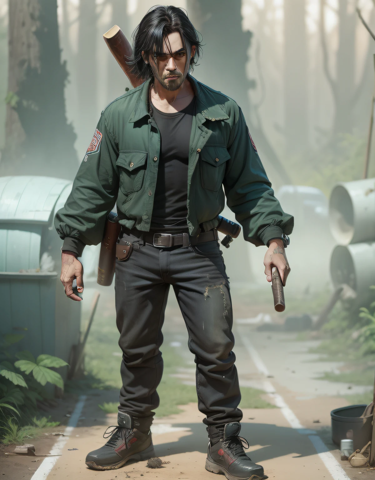 Man, baseball bat on the back, pistol on the waist, black hair, forest behind, dirty and old clothes.
