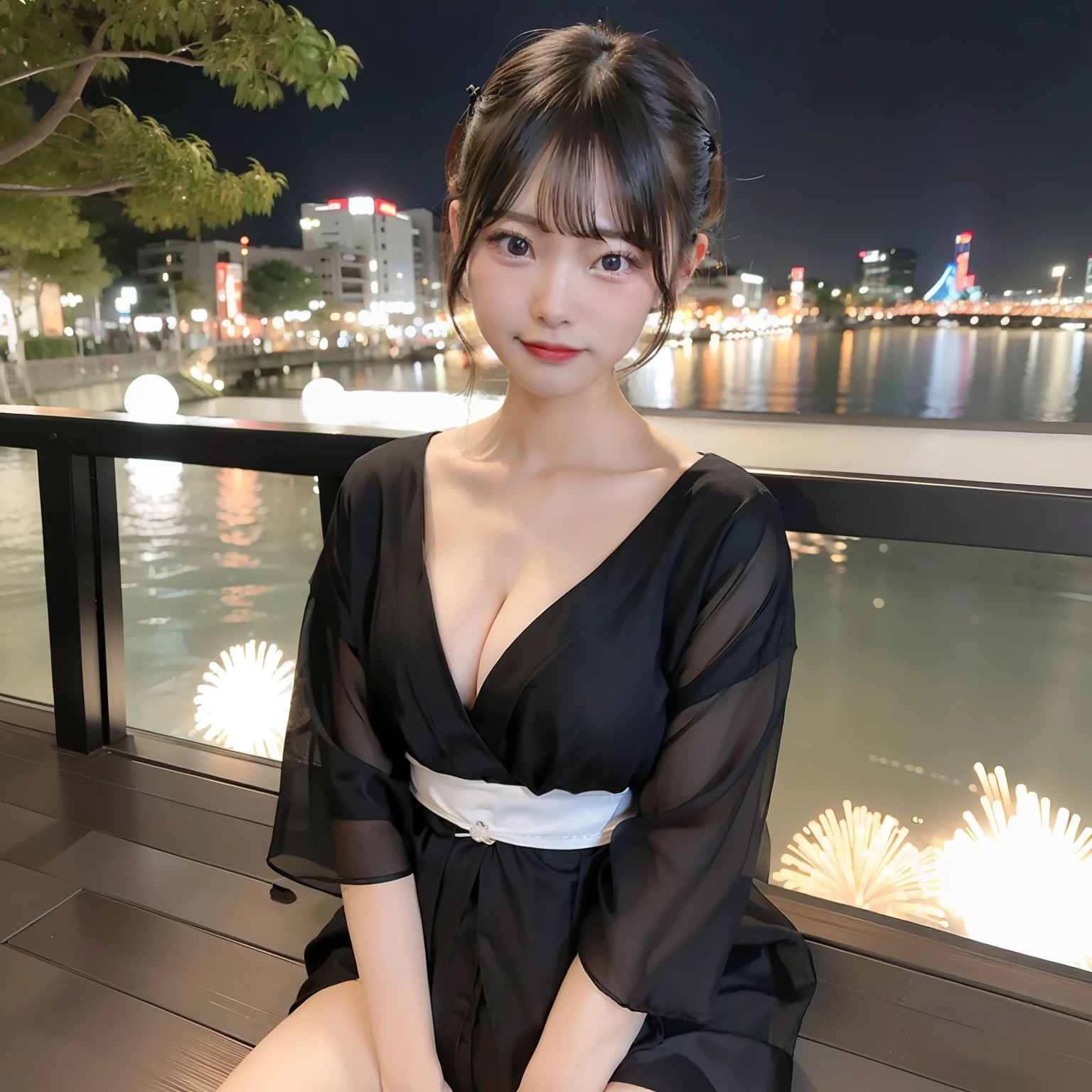 Sumida River Fireworks Festival, Sexy woman taking off black yukata and spreading her legs, Blonde Shorthair,Gorgeous 20 year old Japan woman, sexy look at the camera, Good Young J Cup Bust Girl