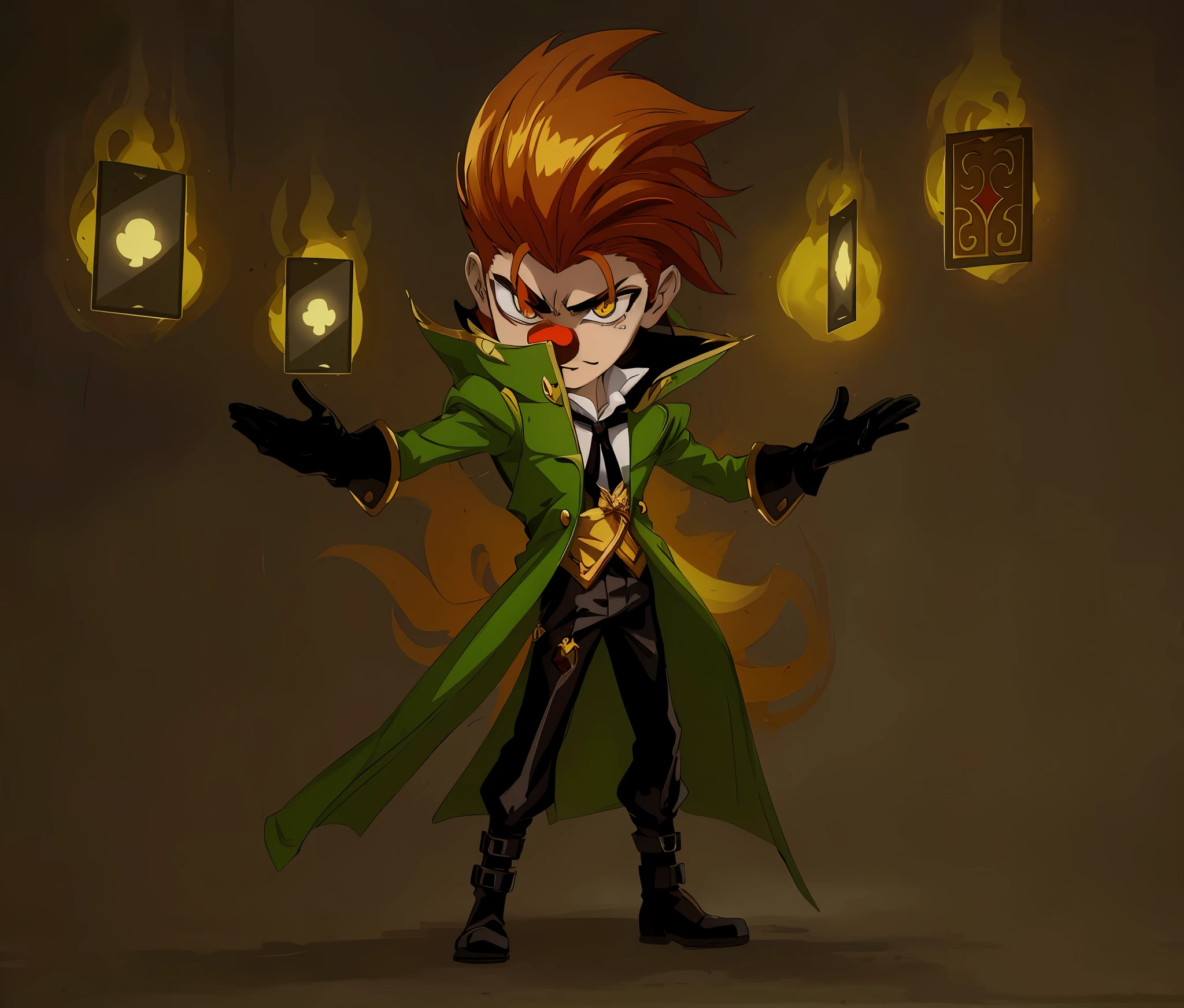 (Anime) . Close-up of a cartoon character with a green coat and red nose, Conception du personnage Demon Noble, Advanced Digital Chibi Art, Art des personnages de Maple Story, Evil male wizard, Chibi, Lancer un sort de feu, Dapper Dream Demon, Pose of the villain, inspired by Luigi Kasimir, Partie Brando, Style League of Legends, evil wizard, cast an evil spell . (Masterpiece: 1.8), 64k quality, final fantasy artwork concept, detailed manga eyes, detailed hair, detailed clothes, detailed body, sharper drawings, pronounced detailed face, shiny objects like jewelry, see the creases on the clothes, more rounded eyes, globular transparent liquid eyes, more colors, more consistent clothes , correct clothing features, better eye line, better shoulders, really colorful, coarser line, black line, finishing. (drowing (anime (manga (comics)))) (coarser stroke: 1.8) (black stroke: 1.8) (color: 1.8) (clean: 1.8) (color contrast: 1.8) (black outline: 1.8) (adjusted color contrast: 1.8) (shadow play: 1.8) (manga eyes: 1.8) (muscle: 1.5 ) (rendering homogeneous: 1.3)