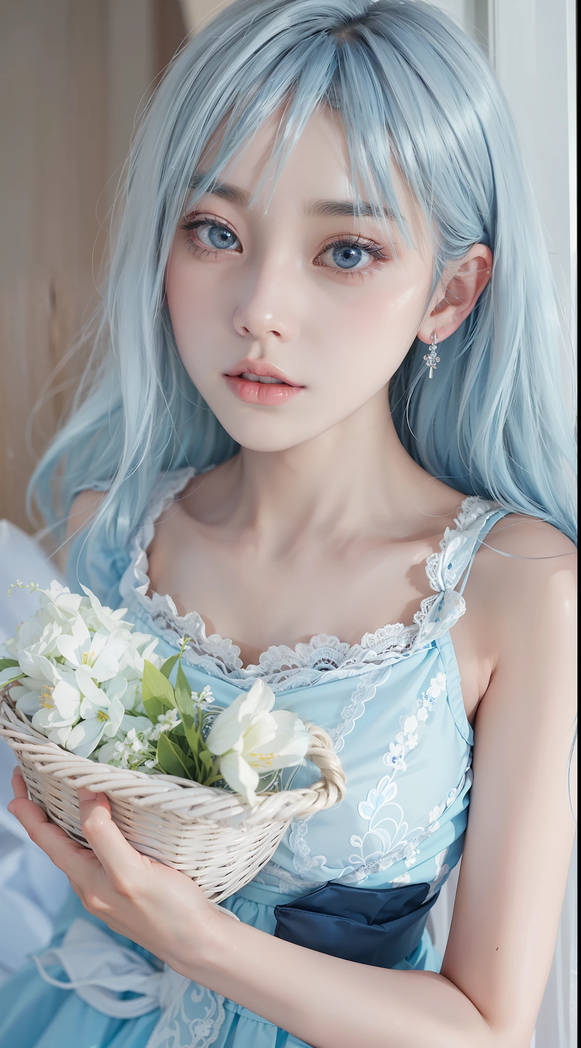 photogenic、top-quality、masterpiece、Angle from above、Japan women、18 years old、pale blue blonde hair、Lustrous hair、Very short、Blue hair、Shortcut Korean Style Beauty、big eye、Double eyes、small tits、White Ruffled Chiffon Sleeveless Top, White Tulle Maxi Skirt Dress, wicker basket bag.、Lace underwear、