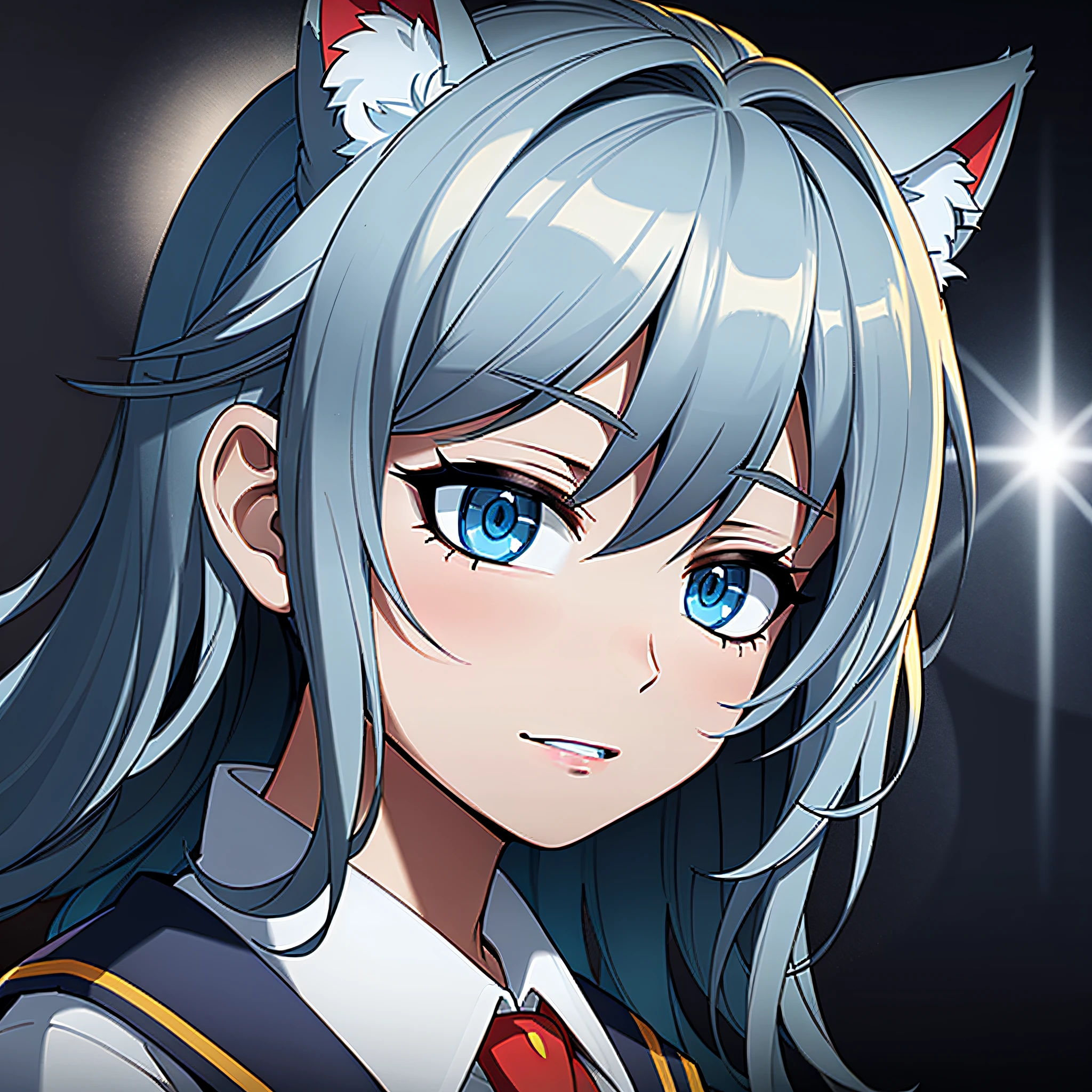 girls，blue hairs，sideface，The light source radiates to the left，cat ear，head portrait，Just above the chest，Eliminate the human ear，