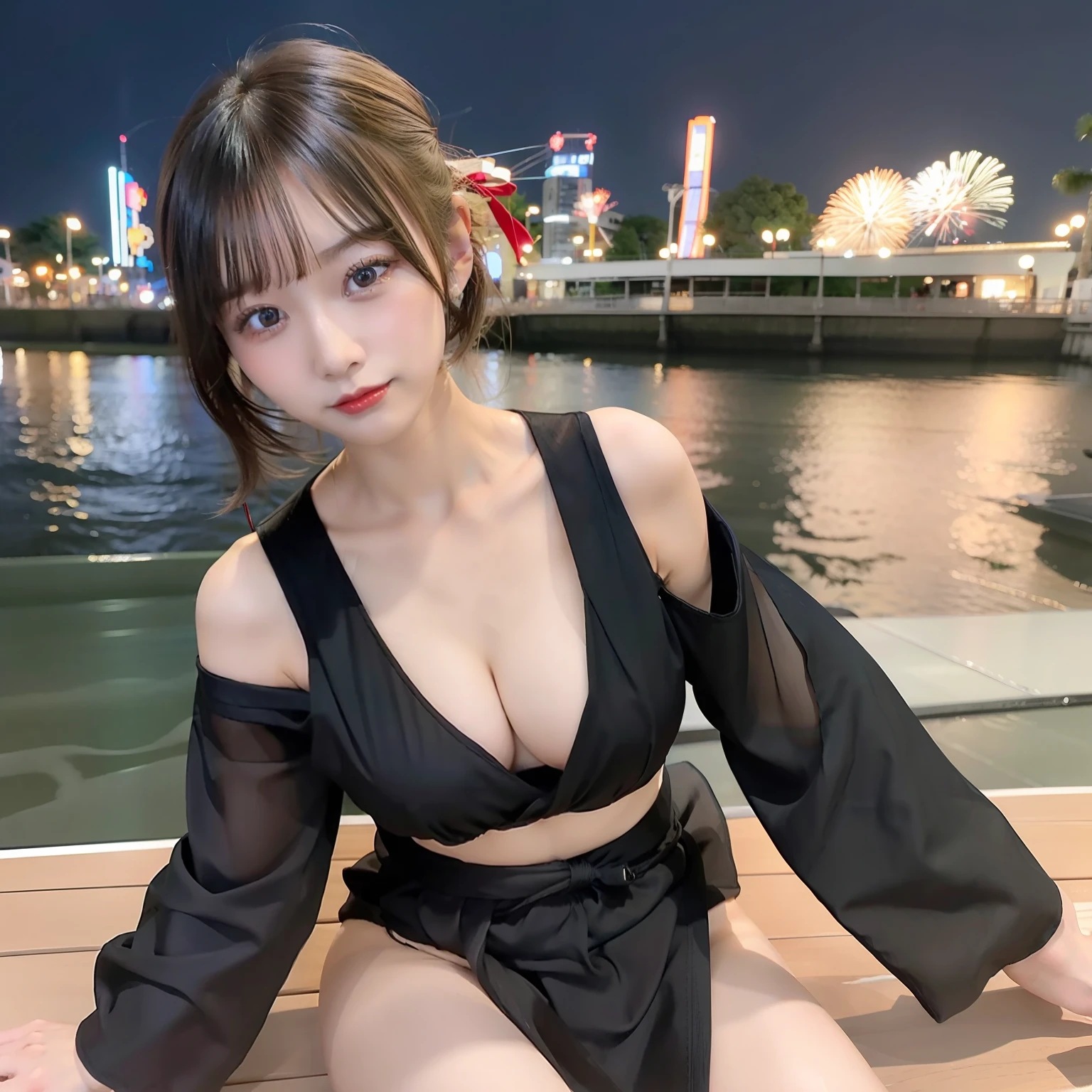 Sumida River Fireworks Festival, Sexy woman taking off black yukata and spreading her legs, Blonde Shorthair，Gorgeous 20 year old Japan woman, sexy look at the camera, Good Young J Cup Bust Girl