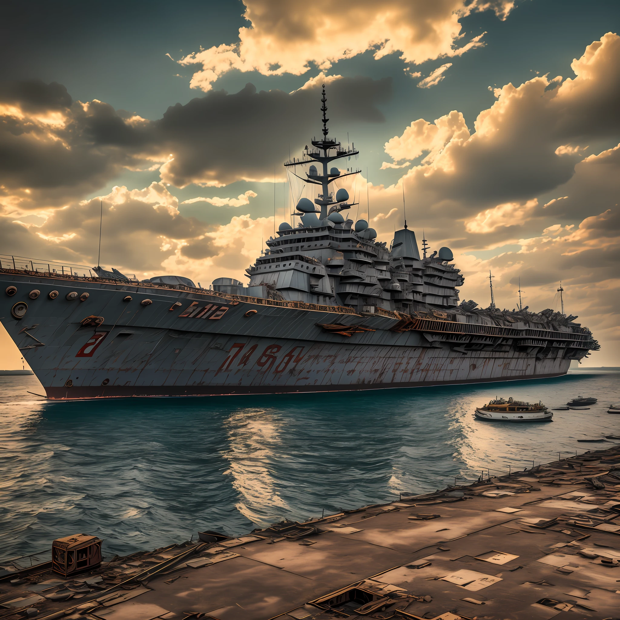 full shot, ruined rusty aircraft carrier in a ruined seaport in a post-apocalyptic world post-apocalyptic atmosphere, dramatic light, cinema grading, high resolution, 32k, clear focus, hdr, hyperphotorealism, photo style --auto --s2