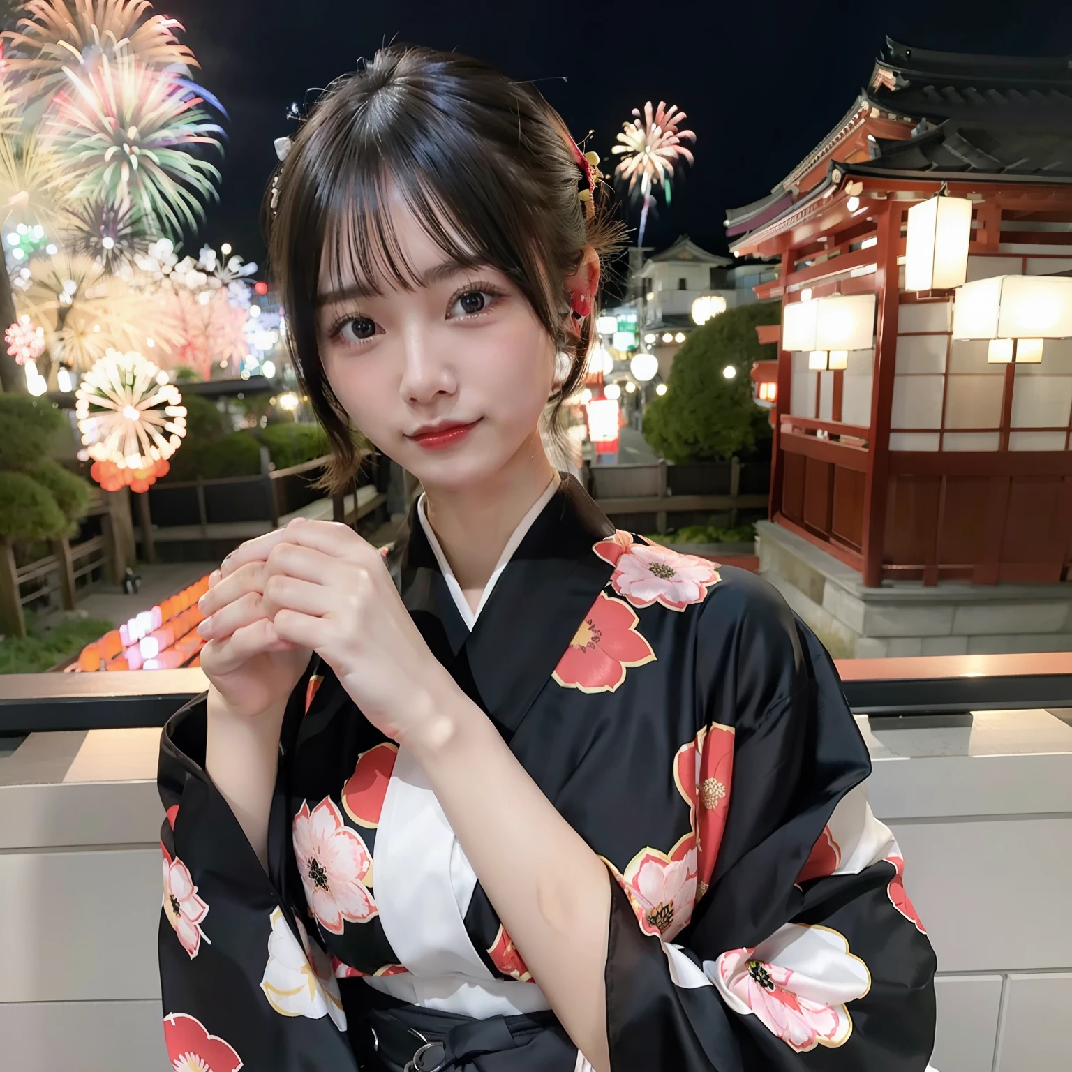 Fireworks Festival in Kyoto, Sexy woman  black yukata and , Blonde Shorthair，Gorgeous 20 year old Japan woman, sexy look at the camera, Good Young J Cup Bust Girl