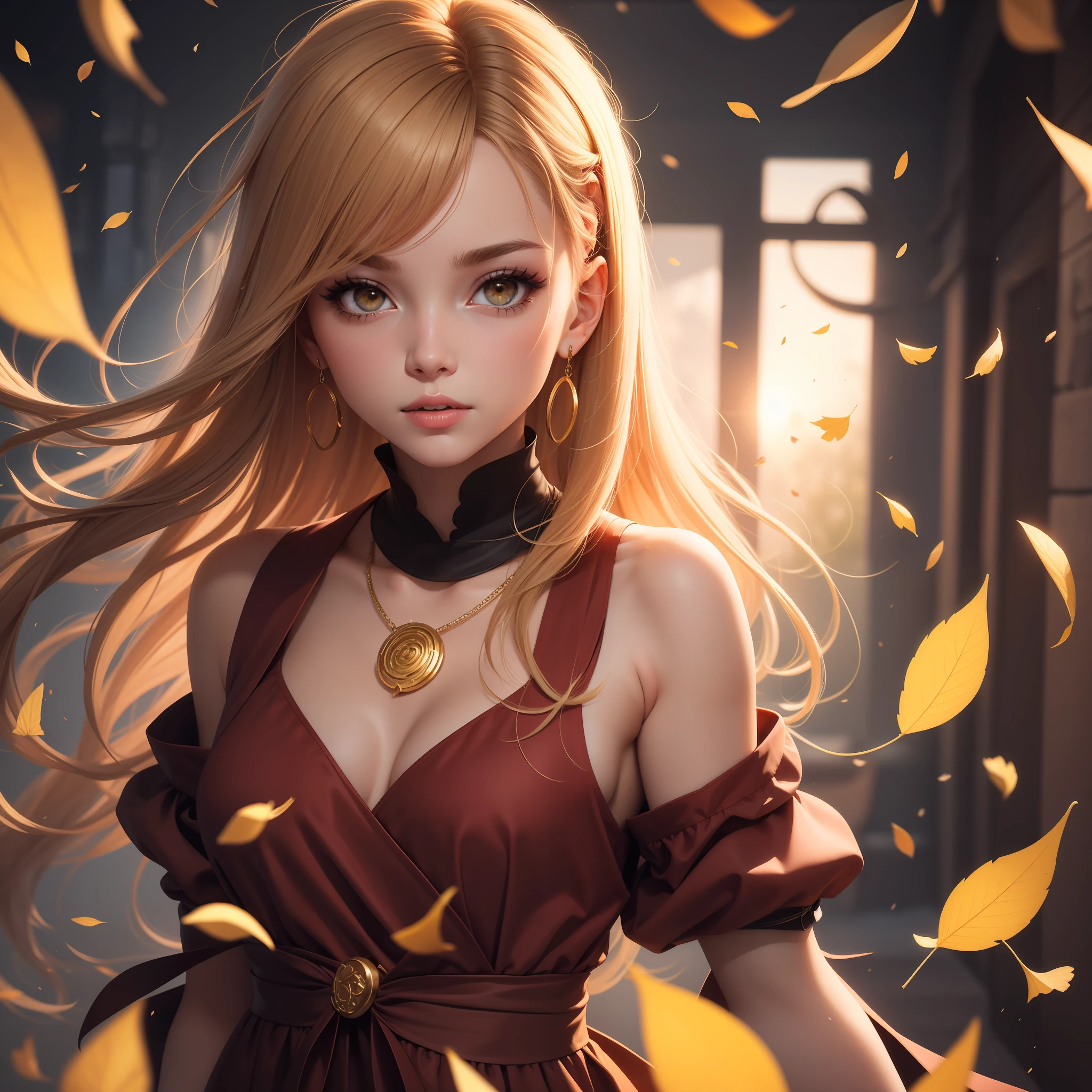 rudeus ,  Last saved image: textual_inversion\2023-07-29\Mind Blaster\images\Mind Blaster-620000.png, prompt: a small painting of a digital painting of a woman with gold hair and flowers in her hair, wearing a gold dress and a gold necklace, 1girl, autumn, autumn leaves, blurry, blurry background, blurry foreground, brown hair, confetti, depth of field, earrings, embers, eyelashes, falling leaves, falling petals, feathers, flower, ginkgo leaf, gold, hair ornament, jewelry, leaf, leaves in wind, lips, long hair, looking at viewer, mascara, motion blur, parted lips, petals, portrait, rose petals, solo, teeth, wind, art by Mind Blaster
