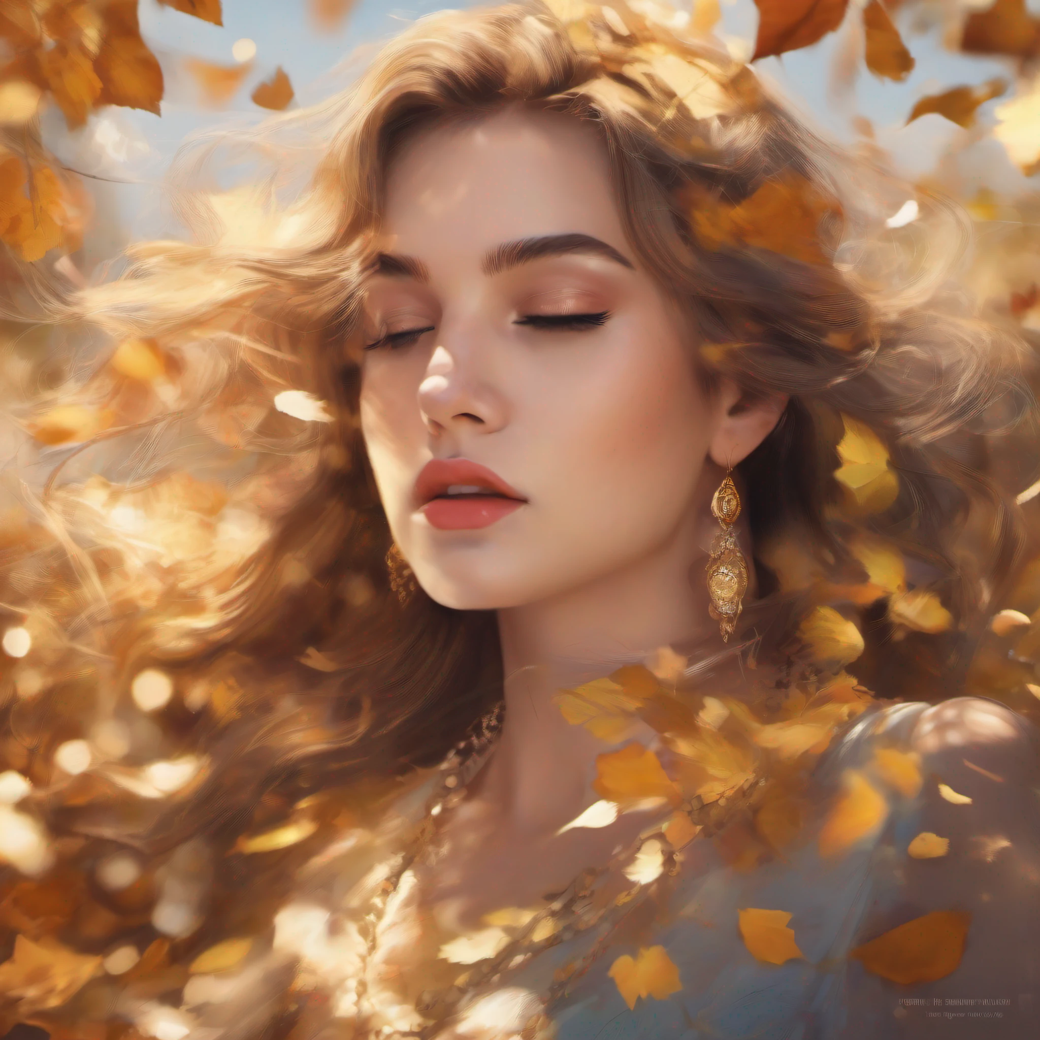 Last saved image: textual_inversion\2023-07-29\Mind Blaster\images\Mind Blaster-620000.png, prompt: a small painting of a digital painting of a woman with gold hair and flowers in her hair, wearing a gold dress and a gold necklace, 1girl, autumn, autumn leaves, blurry, blurry background, blurry foreground, brown hair, confetti, depth of field, earrings, embers, eyelashes, falling leaves, falling petals, feathers, flower, ginkgo leaf, gold, hair ornament, jewelry, leaf, leaves in wind, lips, long hair, looking at viewer, mascara, motion blur, parted lips, petals, portrait, rose petals, solo, teeth, wind, art by Mind Blaster
