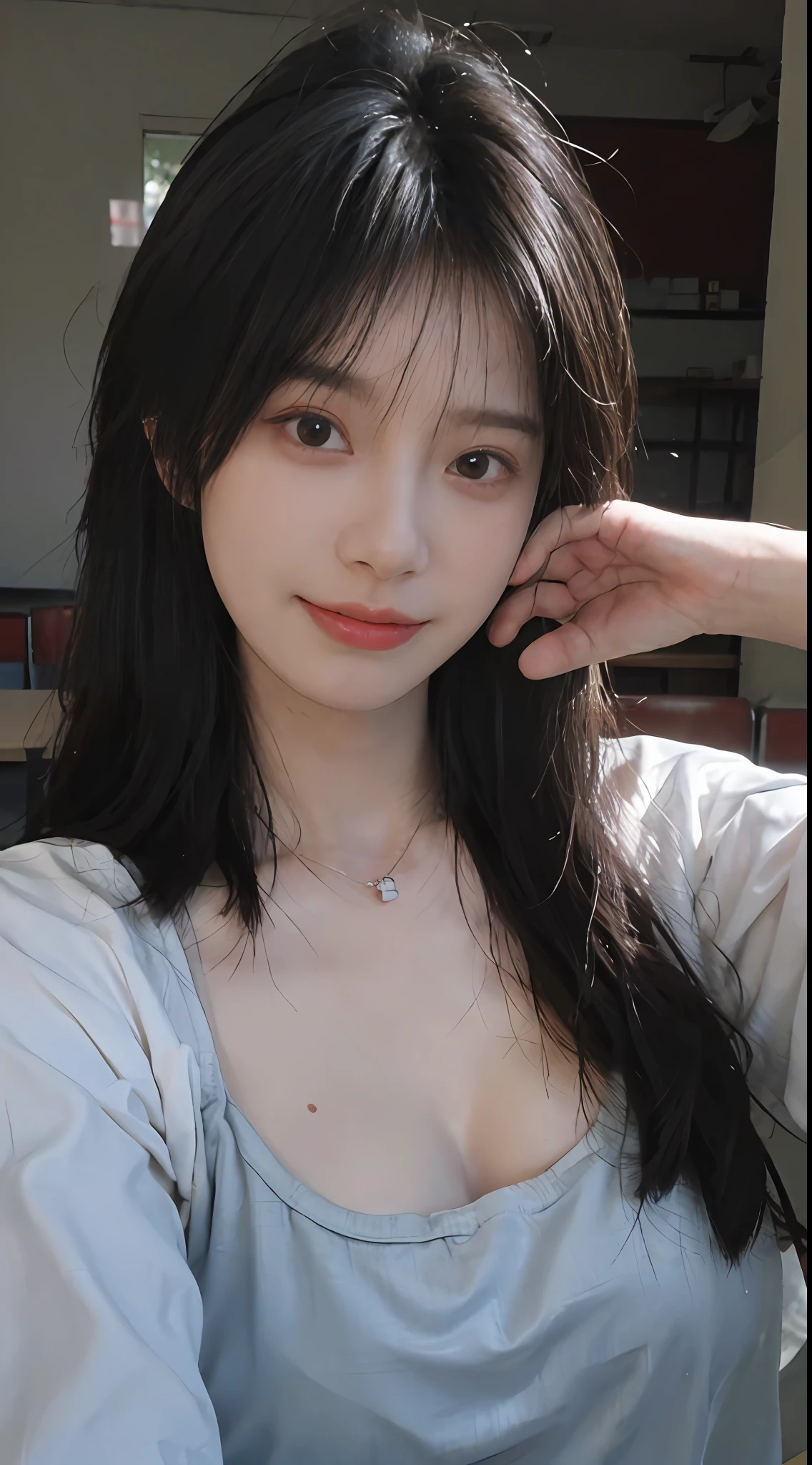 best qualtiy， 超高分辨率， （realisticlying：1.4）， Baoyu Girl， Black long straight，A pair of clear and moving peach blossom eyes,Royal Sister，校服，sunshine on face，（School Classroom：1.4），（choker necklace：1.2），（Fair skin：1.9），a sense of atmosphere，a beauty girl， ssmile，head straight-looking at viewer， closeup cleavage ，(Photorealistic:1.4),1girll,Sexy,(Upper body:1.4),(Wet body),(:1.2)