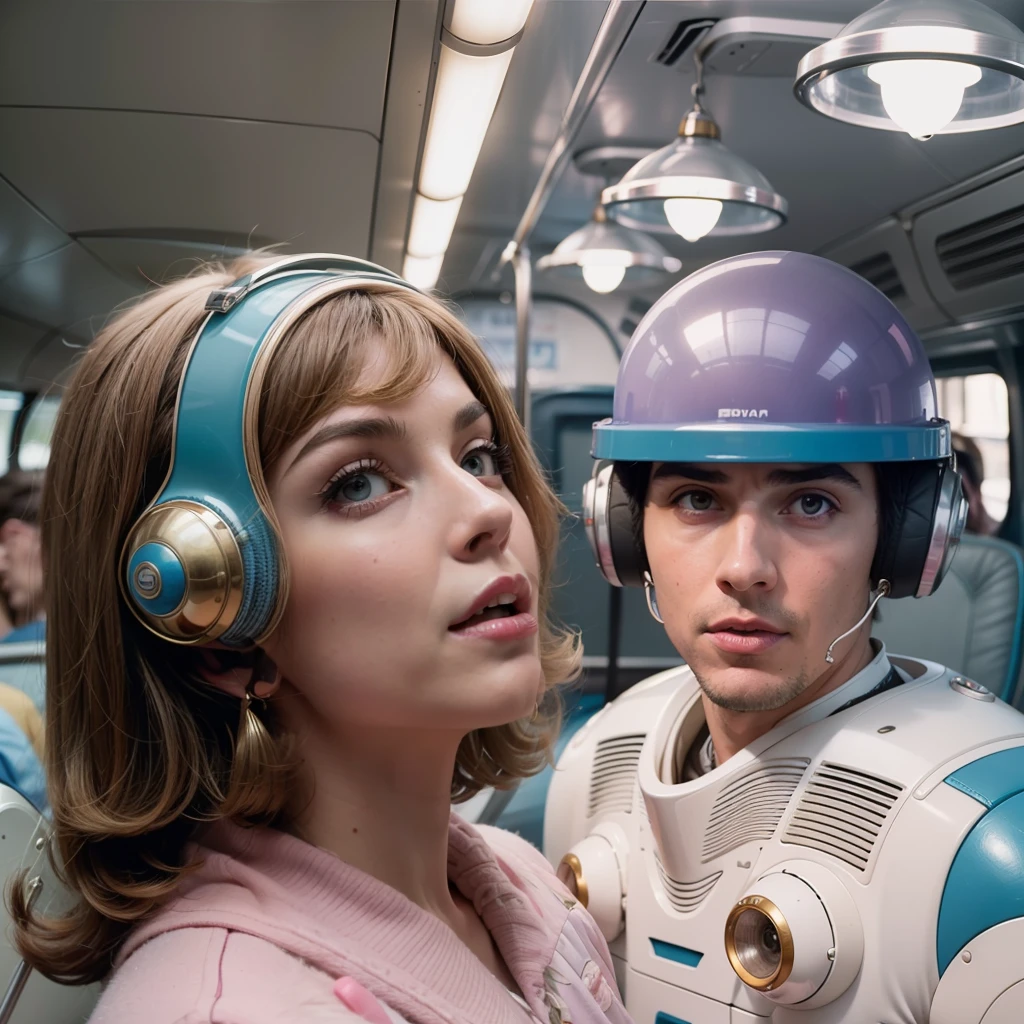 4k image from a 1960s science fiction film by Wes Anderson, Filme O Grande Hotel Budapeste, pastels colors, Young people wearing retrofuturistic alien masks and holding colorful suitcases and chests on the bus, Retro-futuristic fashion clothes from the 60s with old robots, Luz Natural, Psicodelia, futurista estranho, retro-futurista, photo-realistic, Sharp background details.