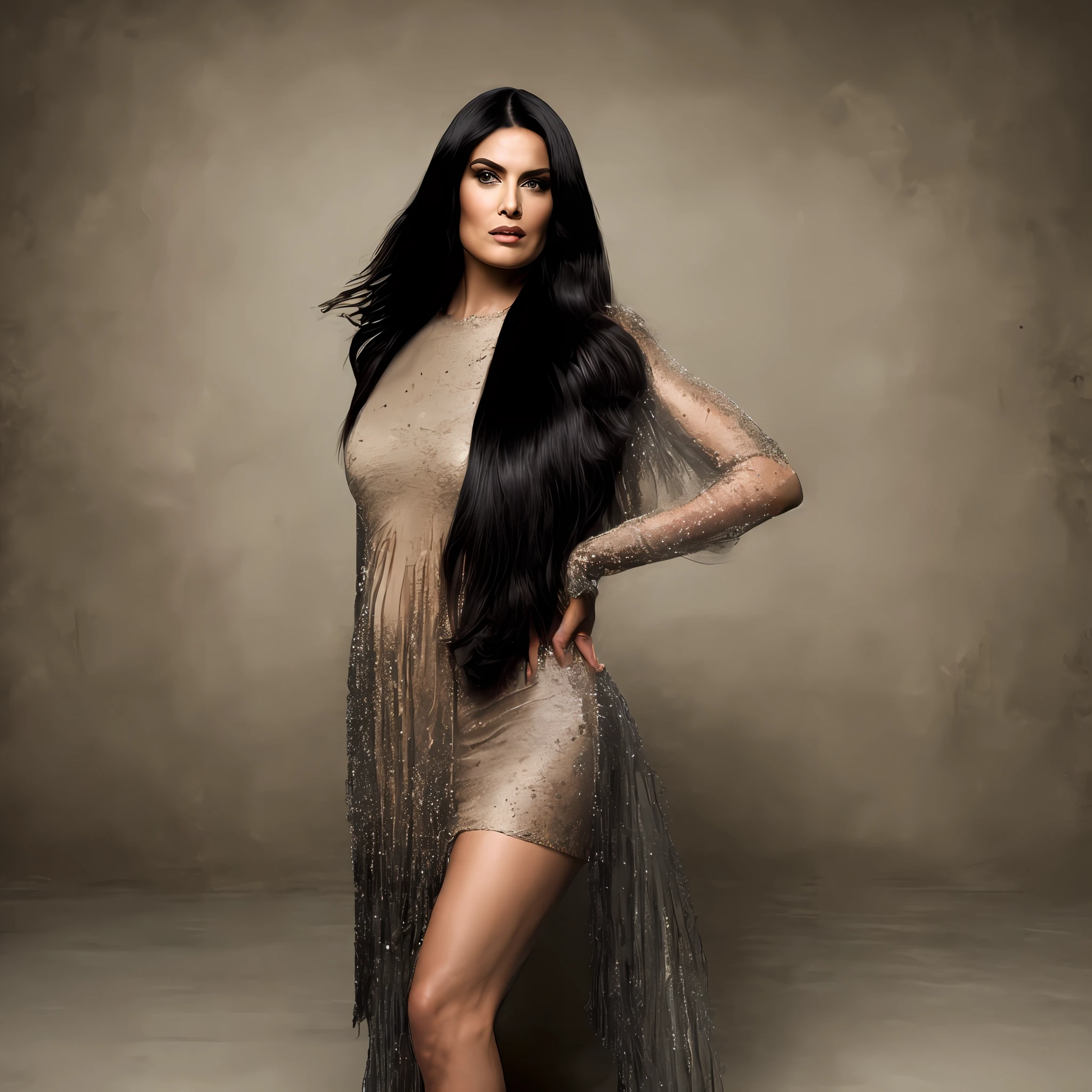 Medium-dark brunette woman with straight black hair, com roupas em tom terrosos claro, Fundo liso e tons de terra claros, estilo soho, sonhador, surreal, cores suaves, foto realista detalhada, realismo, Woman with hand on waist