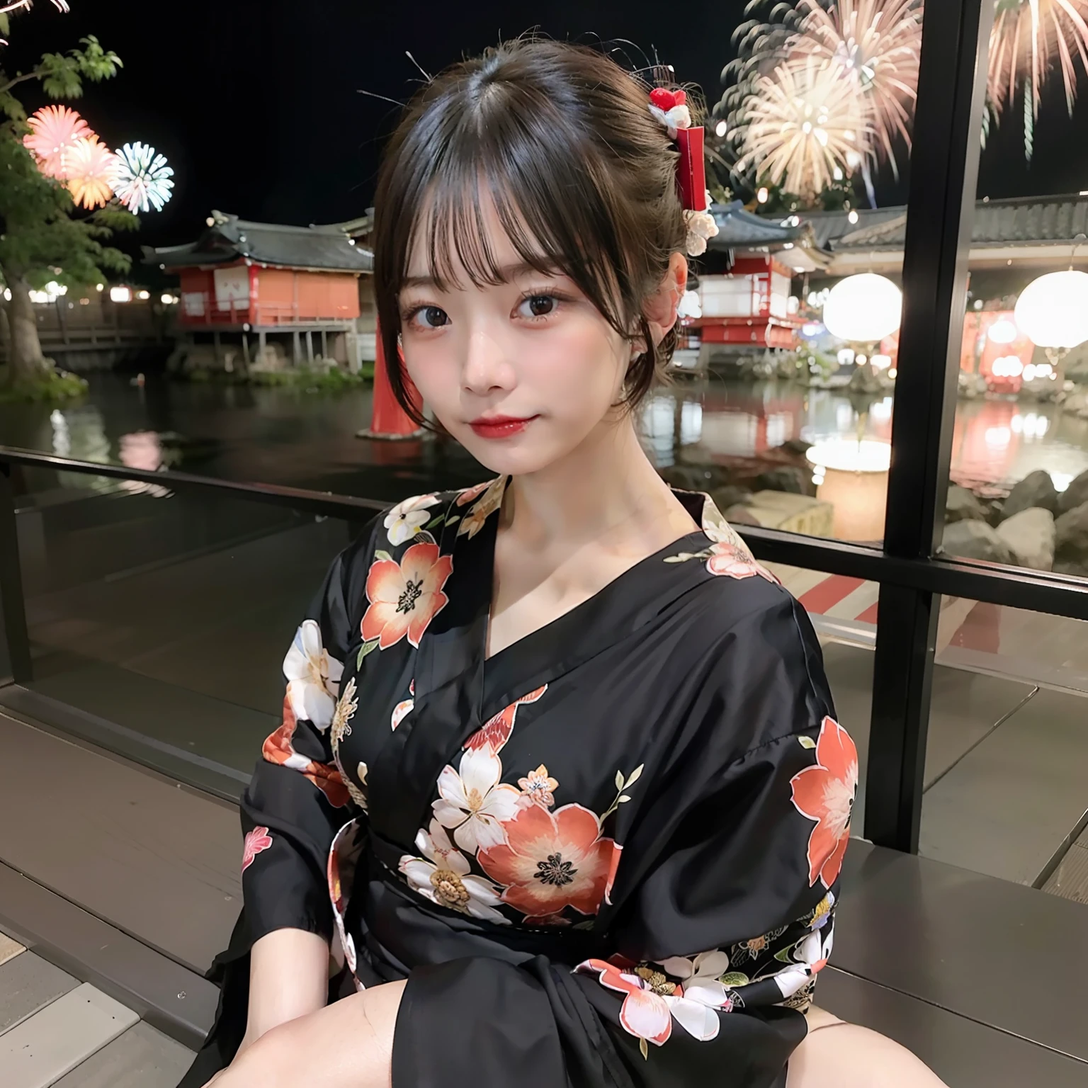 Fireworks Festival in Kyoto, Sexy woman taking off black yukata and spreading her legs, Blonde Shorthair,Gorgeous 20 year old Japan woman, sexy look at the camera, Good Young J Cup Bust Girl