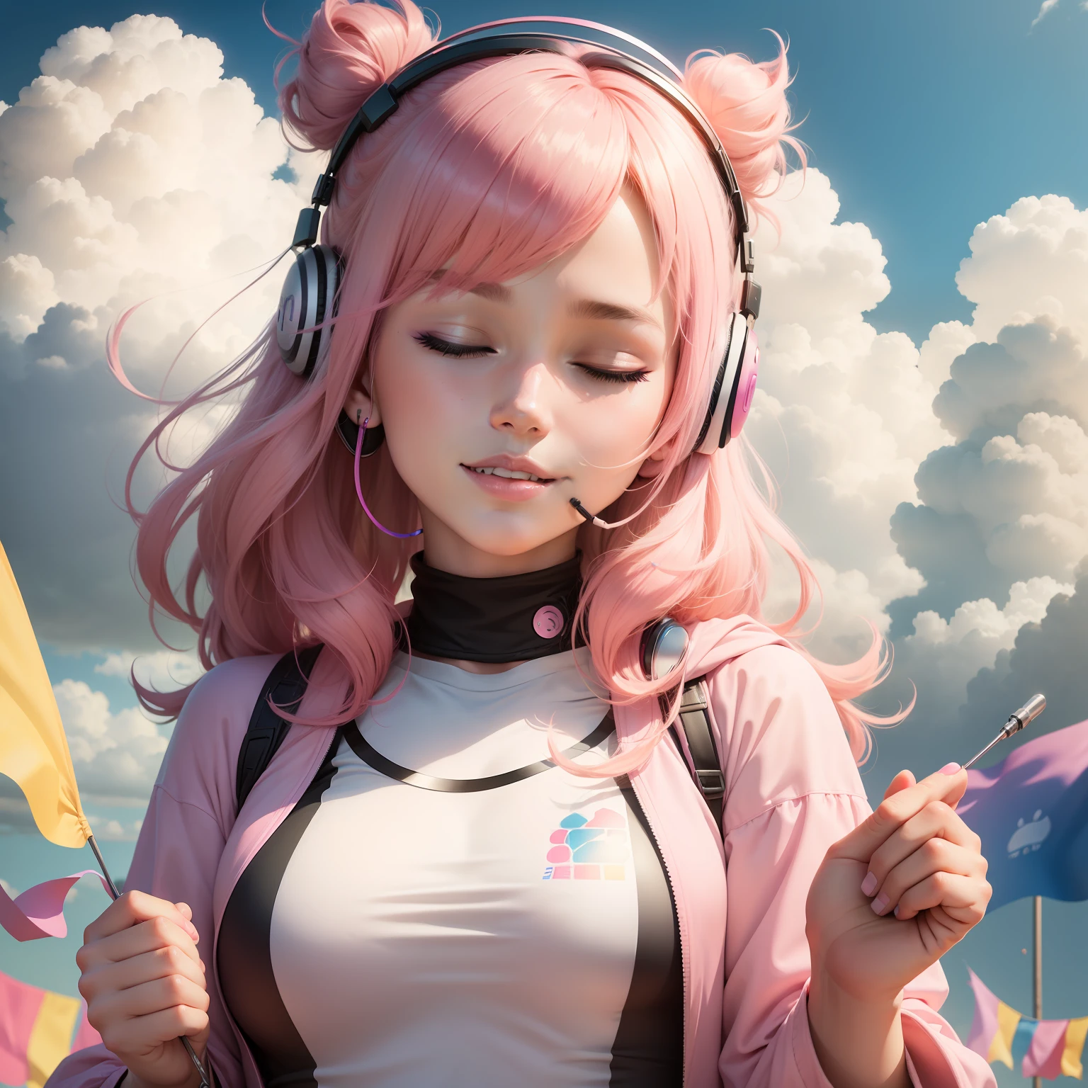 Woman with peace sense headset, closed eyes, beautiful face, RGB colors, anime pink hair, banner for youtube video, happy girl, clouds with RGB colors., bright RGB colors.