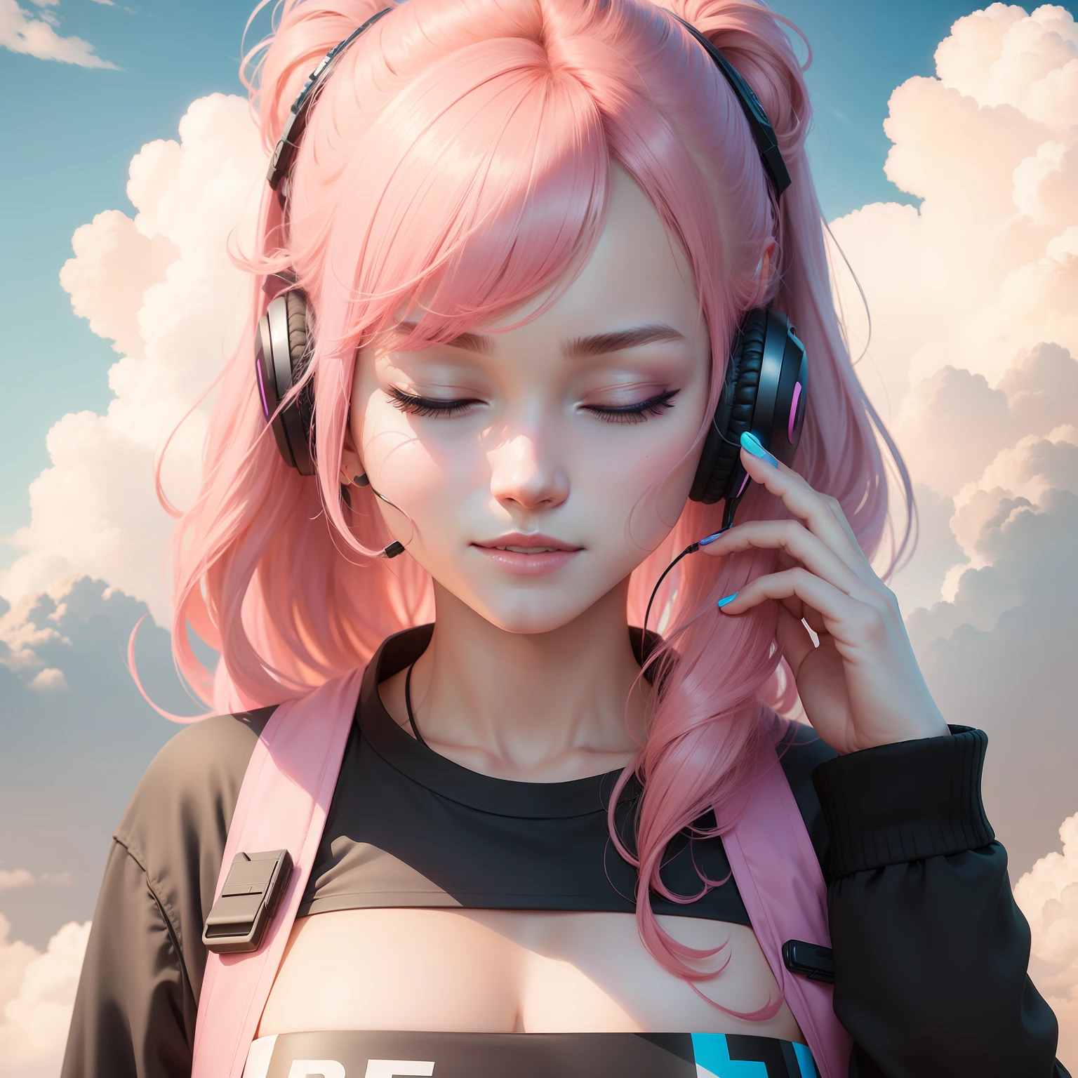 Woman with peace sense headset, closed eyes, beautiful face, RGB colors, anime pink hair, banner for youtube video, happy girl, clouds with RGB colors., bright RGB colors.