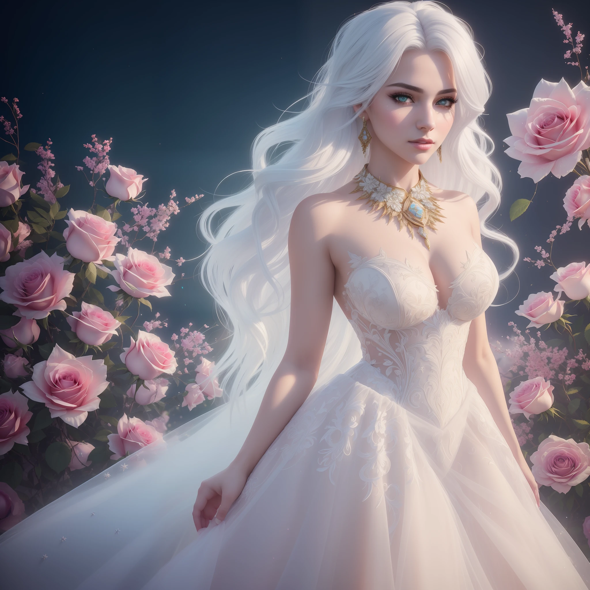 ((Realistic lighting, Masterpiece: 1.3)), (raw photo:1.2), Hyperrealist portrait gorgeous Beautiful mature woman, 17 years old, Beautiful breast, perfect body, ((white smooth skin: 1.6)), ((wearing luxury dress), (luxury jewelry)), beautiful lustful eyes, very detailed eyes and face, charming serious face, (heavy makeup: 1.5), (Standing Pose), Best quality, 8K, professional photography, full body, clean design, epic instagram, artstation, colorful paint splatter, silhouette, hyper detailed intricate details, unreal engine, fantasy, intricate details, splash screen, complementary colors, Fantasy concept art, white hair, frost magic, roses background