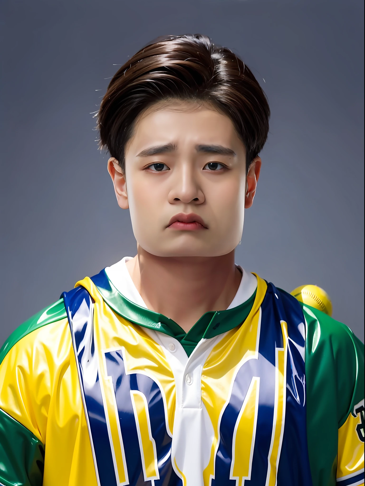 A 16-year-old male high school student,Wearing a PVC yellow baseball jersey,Green in the middle