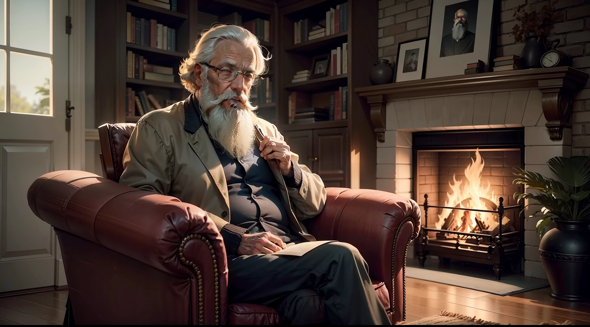 A bearded old man sitting in a comfortable armchair, com o rosto enrugado e uma barba longa e grisalha. His expression is one of deep contemplation, enquanto ele olha para o horizonte com os olhos levemente fechados. Ao seu redor, There are bookshelves filled with old books and a lit fireplace, proporcionando um ambiente acolhedor e inspirador. Sua barba branca reflete a sabedoria acumulada ao longo dos anos, conveying a sense of serenity and tranquility.