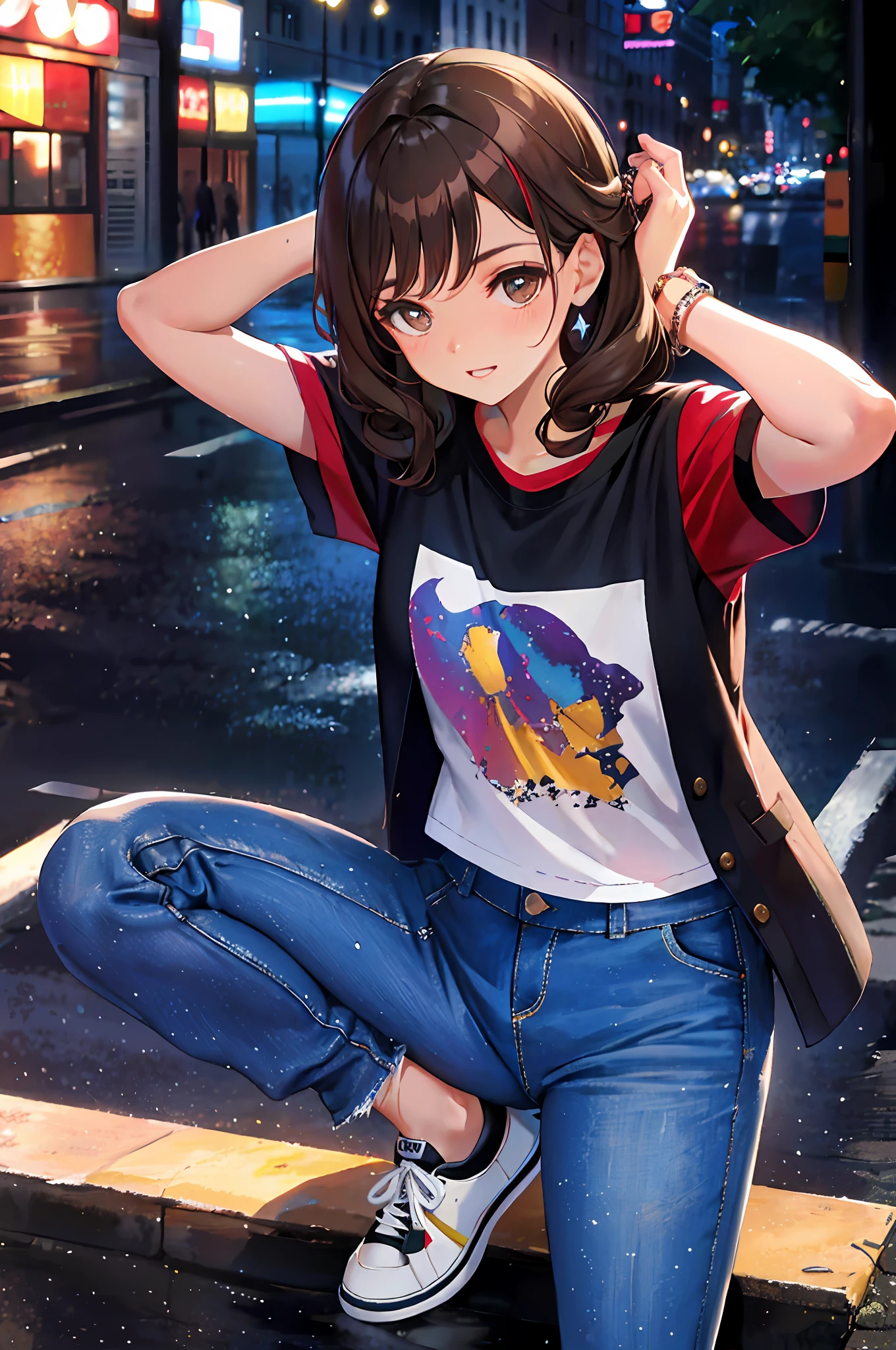 Tina is a charming ten-year-old girl with brown hair in curls, olhos grandes e expressivos de cor castanho-esverdeada e pele suave com um tom dourado e sardas leves no rosto. Seu estilo de se vestir inclui uma jaqueta jeans desgastada, Colorful T-shirt emblazoned with constellations, Comfortable pants and sturdy sneakers for your outdoor adventures.