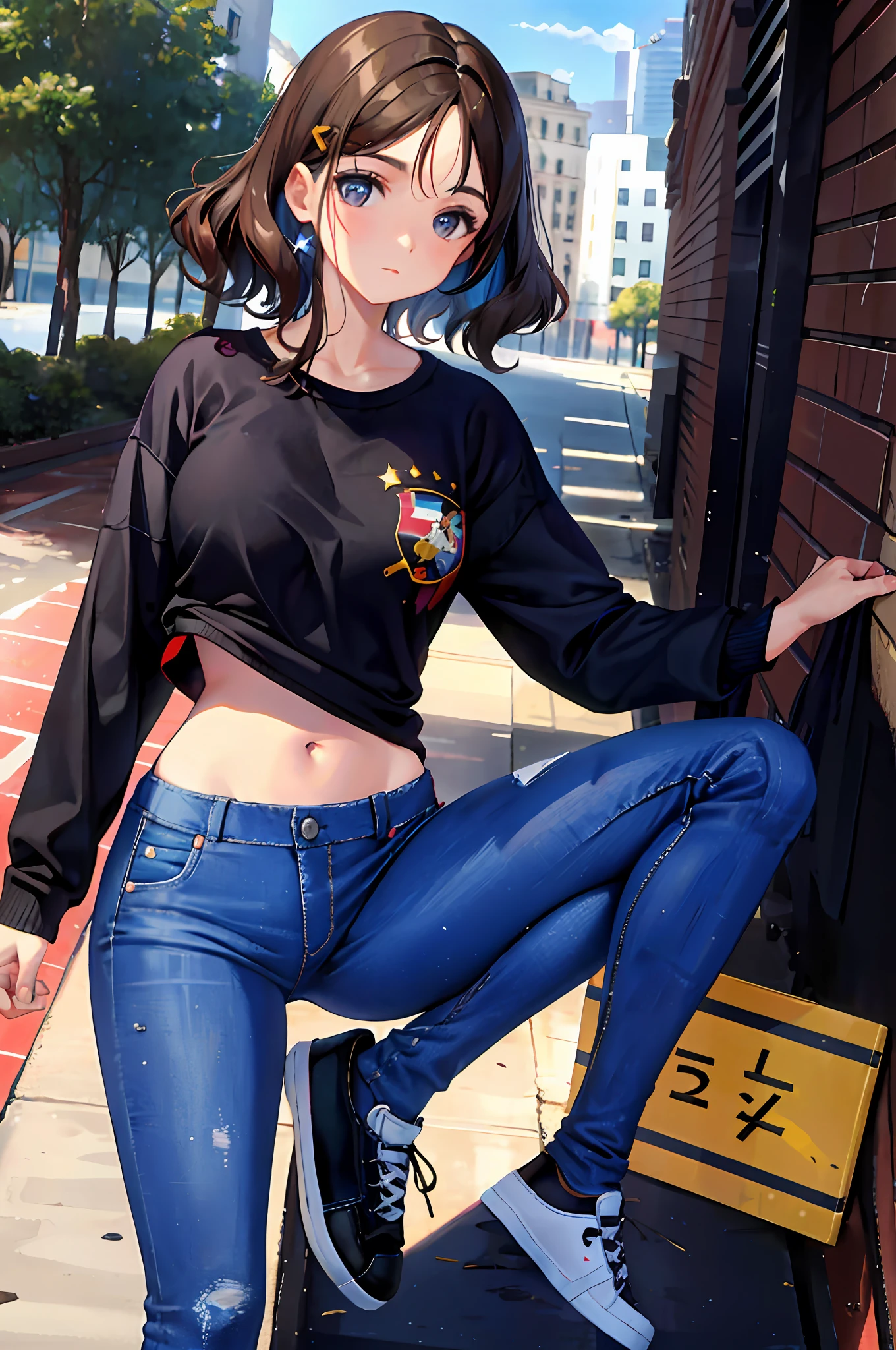 Tina is a charming ten-year-old girl with brown hair in curls, olhos grandes e expressivos de cor castanho-esverdeada e pele suave com um tom dourado e sardas leves no rosto. Seu estilo de se vestir inclui uma jaqueta jeans desgastada, Colorful T-shirt emblazoned with constellations, Comfortable pants and sturdy sneakers for your outdoor adventures.