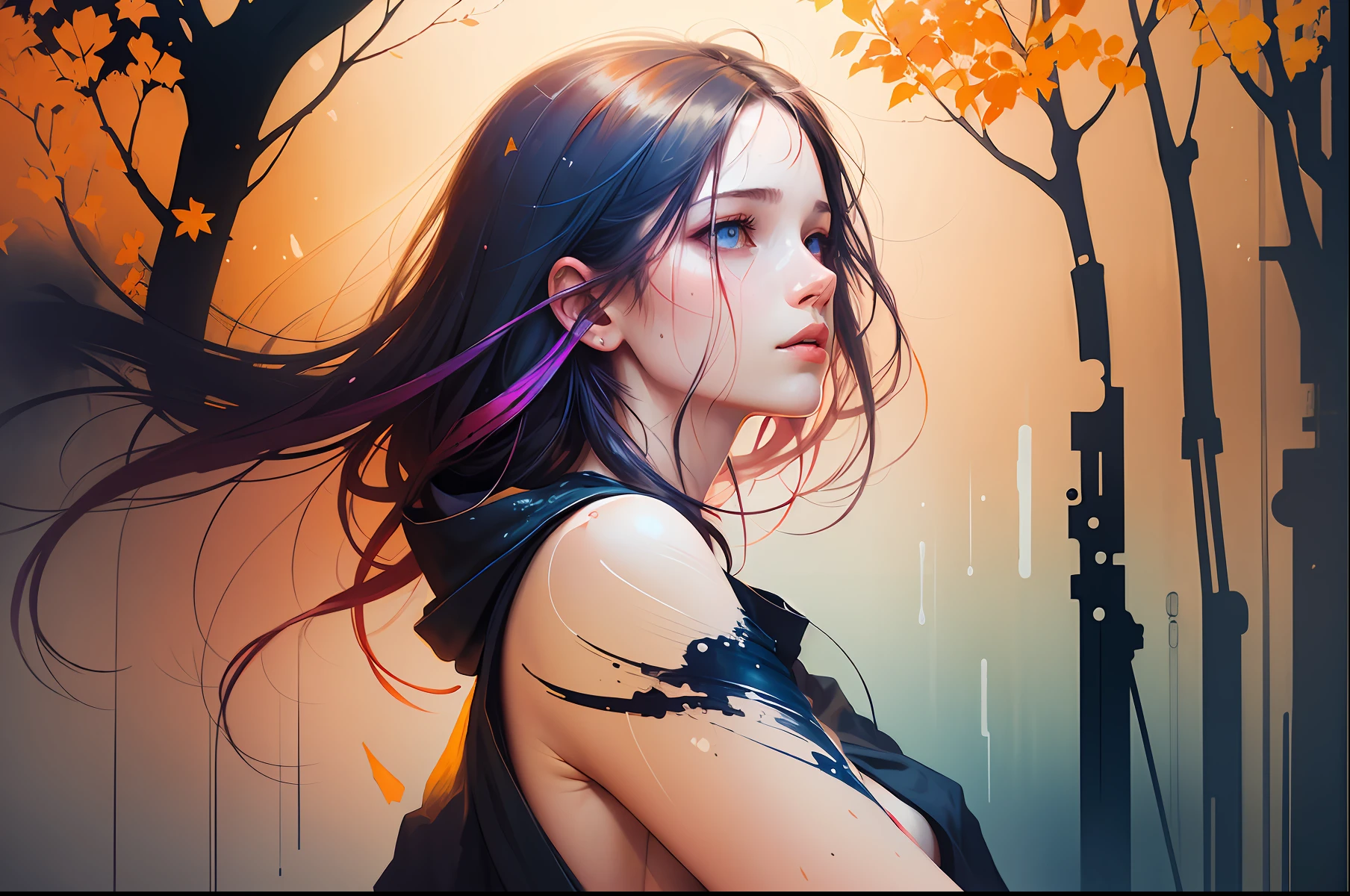 a painting by mse a woman by agnes cecile, luminous design, pastel colours, ink drips, autumn lights