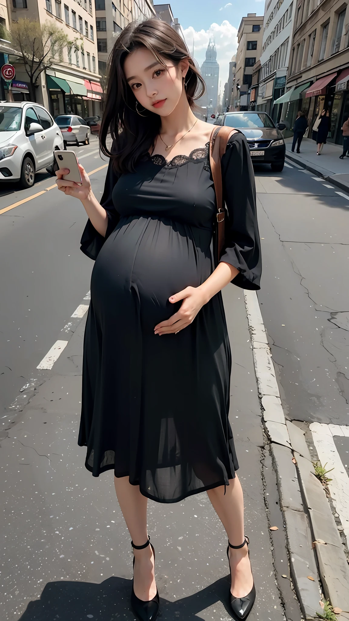Beutiful women,Fiddling with your phone in the middle of the street,Short clothes,Pregnant belly, maternity attire for pregnant women,maternity dress,pregnant belly,Pregnant belly
