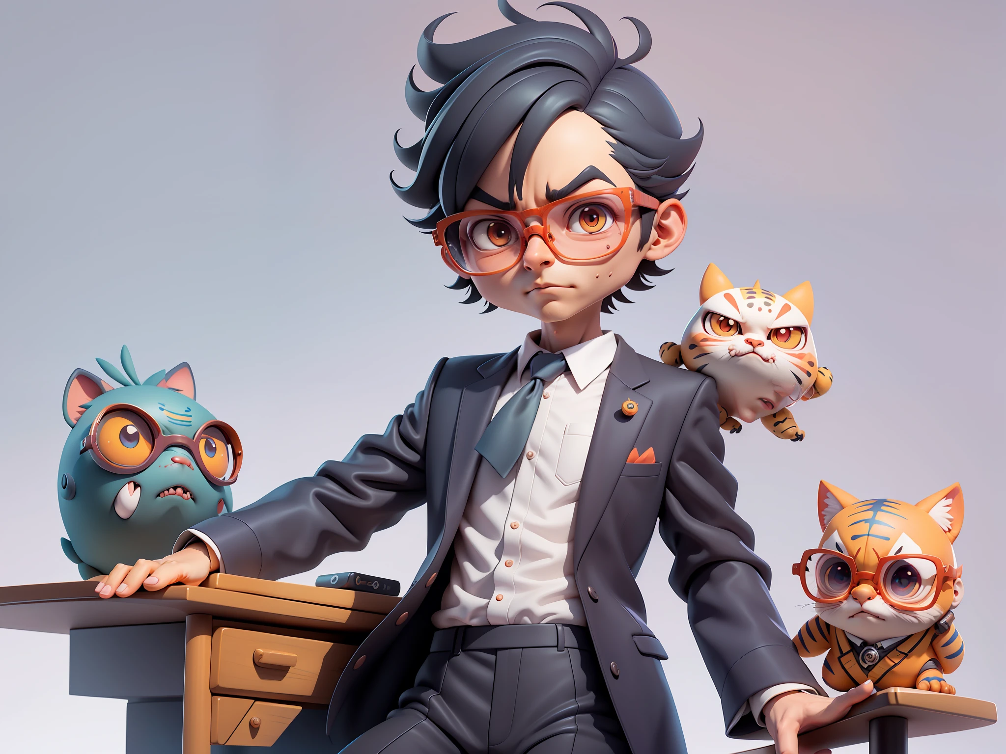 A young man in a suit, Short hair and glasses sat at his desk，holding laptop，digitial painting，tigre，3D character design by Mark Clairen and Pixar and Hayao Miyazaki and Akira Toriyama，4K HD illustration，Very detailed facial features and cartoon-style visuals。