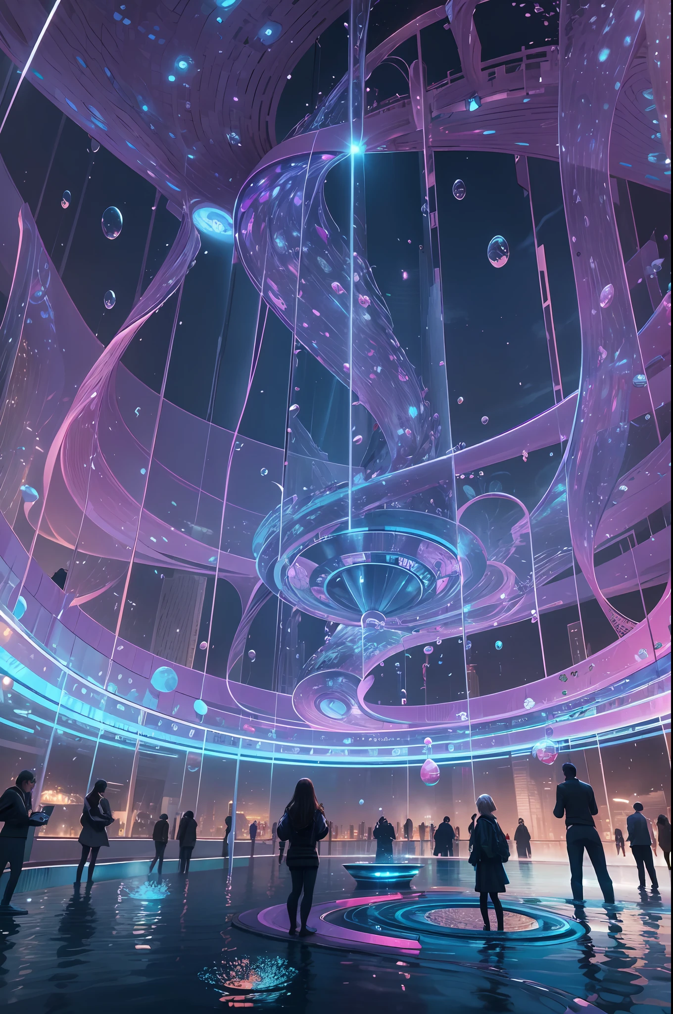 Under the dome of the city of the future,The surface of the water is filled with a huge pool of glittering light。People gather around the pool,Control the light and shadow interface with gestures and thoughts,Explore the virtual digital world。Tiny water droplets dance to form traces of light,Create art installations that blend technology and nature,People interact with water,Feel the power of technology,Living in harmony with nature in the world of the future,High level of detail,Complex structural composition,high qulity,8K