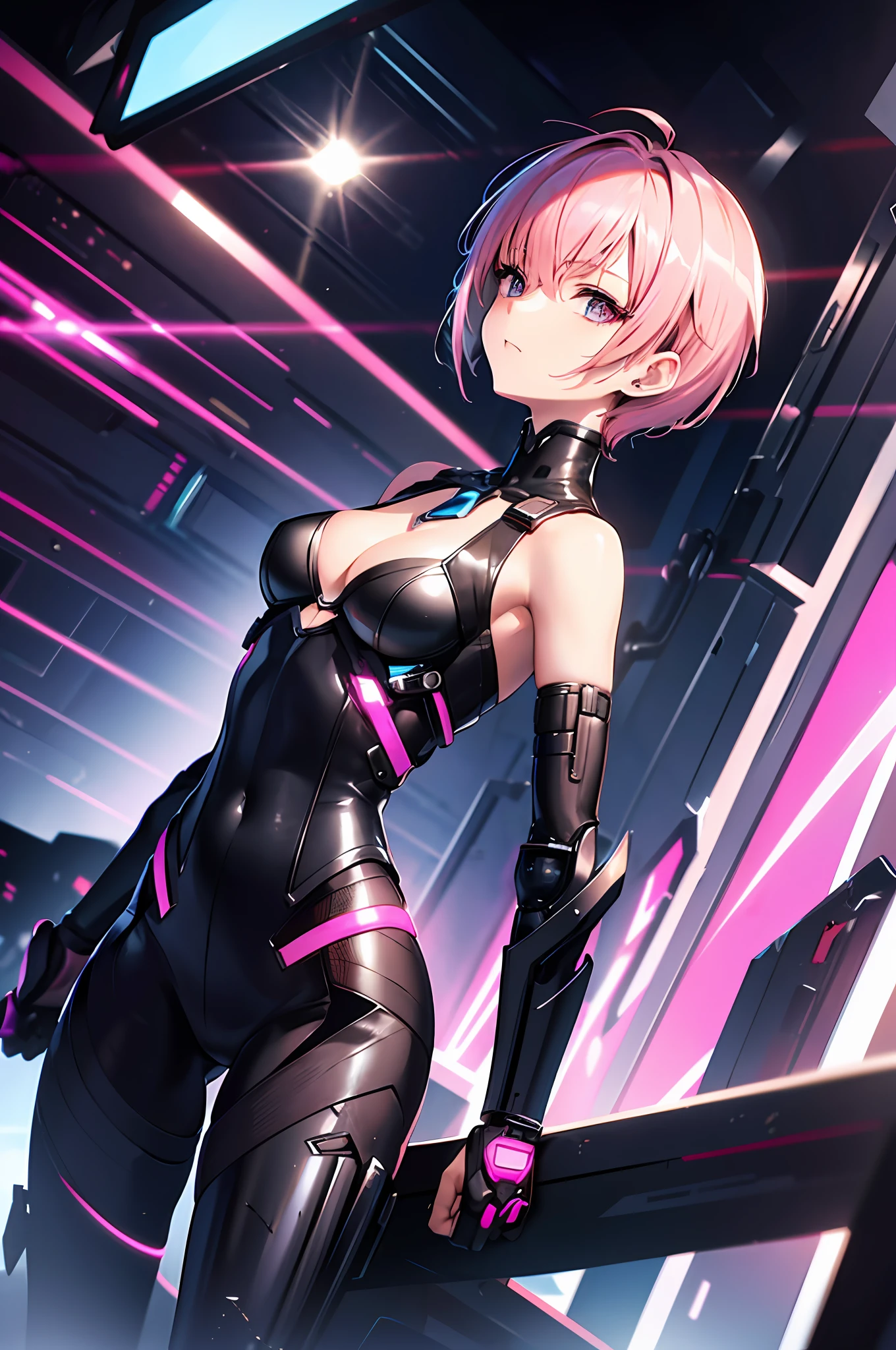 Top quality, masterpiece, ultra-detailed, accurate depiction, highly detailed 8k wallpaper, beautiful mechanical girl, solo, (pixie cut hair:1.3), (pink hair, short shaved sides, very short back, very short side, under cut, side cut:1.3), BREAK, (sleeveless exoskeleton suit), (mechanical legs), (perfect 5fingers, 4fingers and 1thumb), (Jacket), half undress, BREAK, (dynamic angle), (flat_chest, cleavage, wide hips), Cyberpunk City,