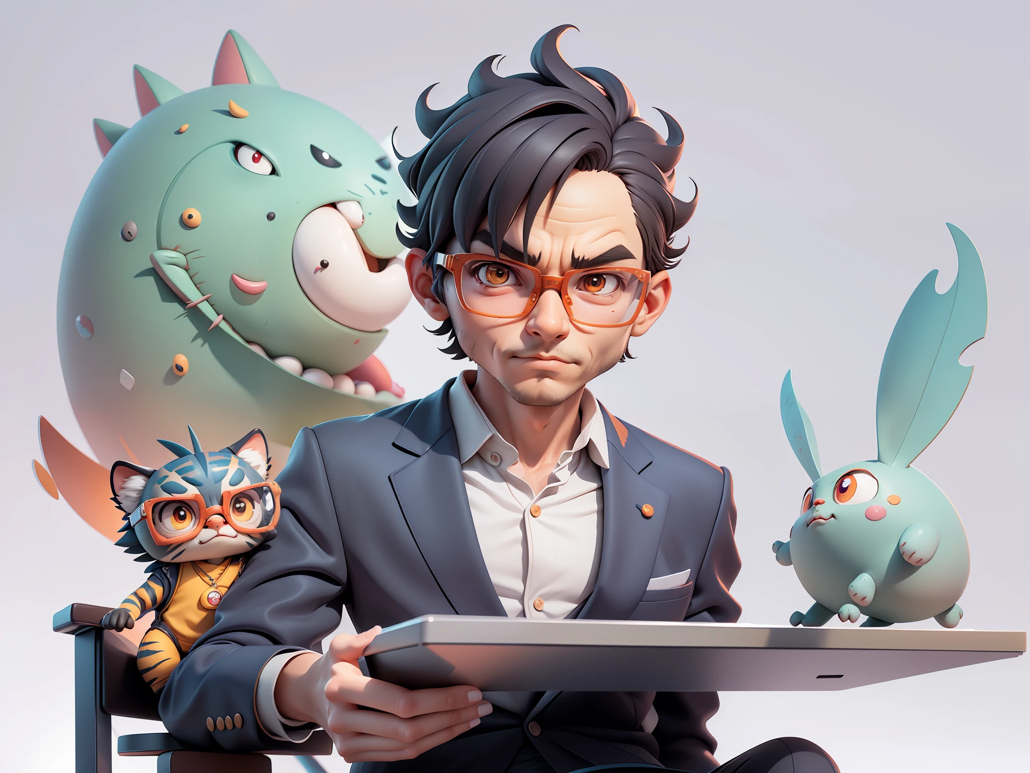 A young man in a suit, Short hair and glasses sat at his desk,holding laptop,digitial painting,tigre,3D character design by Mark Clairen and Pixar and Hayao Miyazaki and Akira Toriyama,4K HD illustration,Very detailed facial features and cartoon-style visuals。