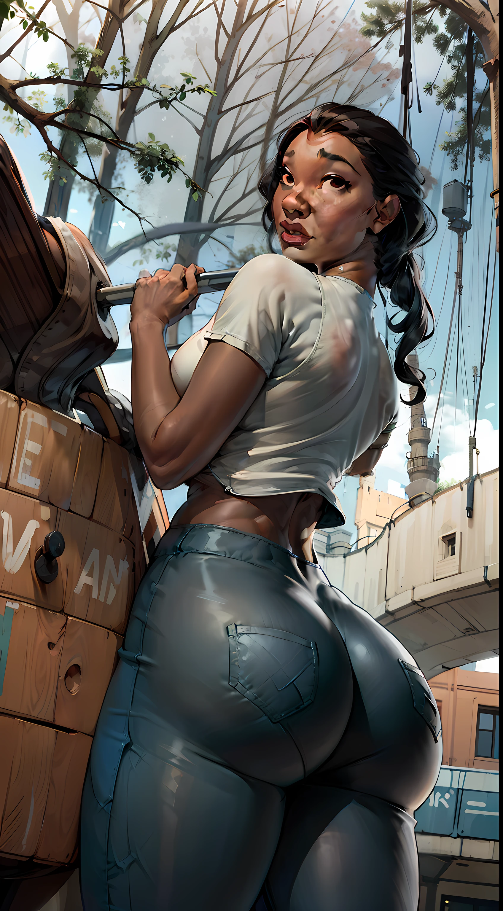 (1girl, Nani pelekai (naniwaifu), brown skin, large hair, sexy beautiful, detailed beautiful (curvy atletic body) (tight pants), standing next to a tree,(thicc, 🐎🍑), huge large tight buttocks), (tight outfit), cottagecore!! fitness body, tight attire, fit girl, toned derriere, big booty, mia kischner, two piece workout clothes, back arched, view from behind, back pose, curvy accentuated booty, arched back