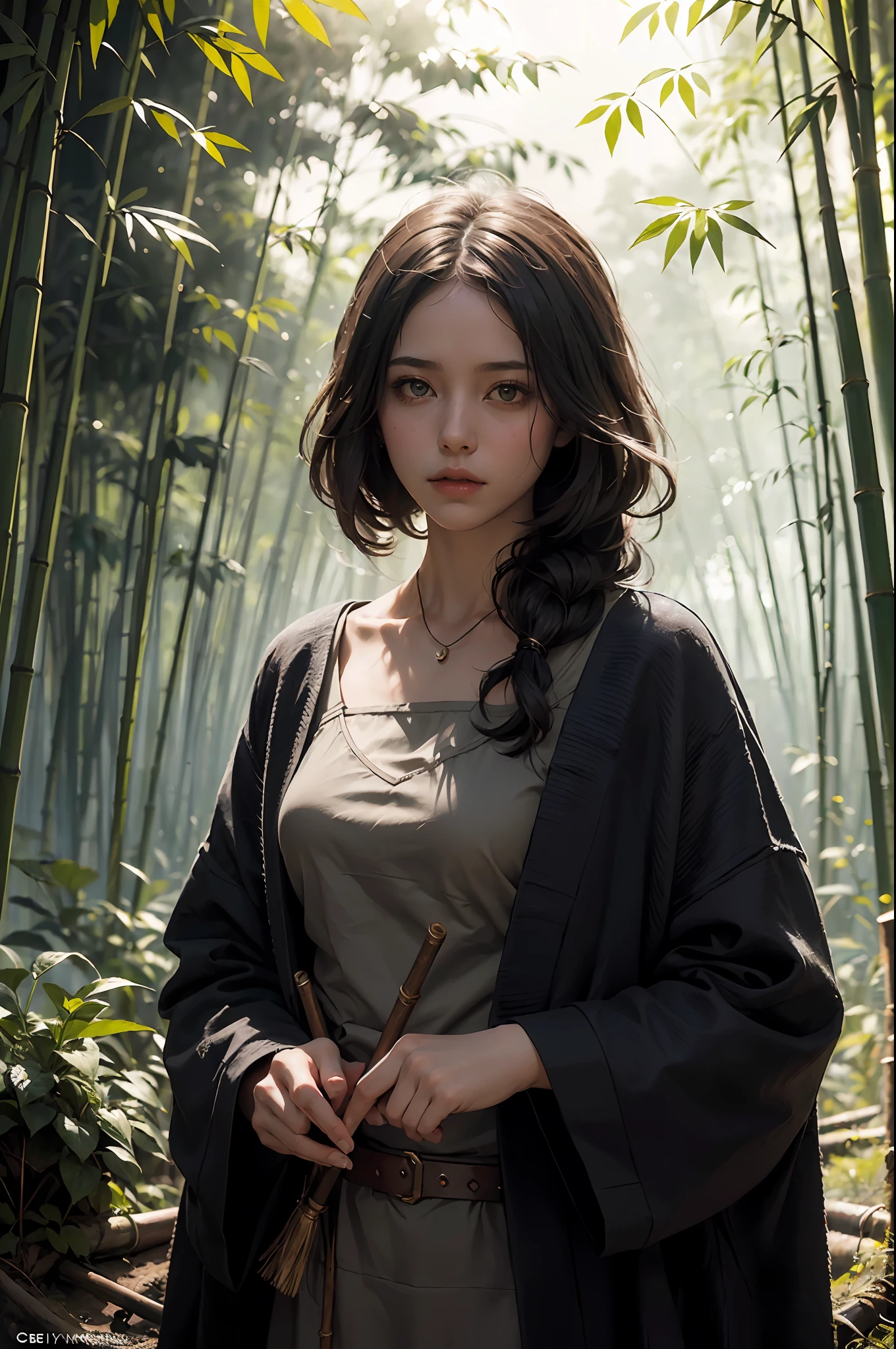 (masterpiece, best quality), ((1girl, solo, adult woman)), intricate, wandering cultivator, bamboo forest, the calm before the storm, muted color scheme, dark background, meticulously composed photos, impressive, dark fantasy (by Greg Rutkowski: 1.2), (by daarken: 1.5)