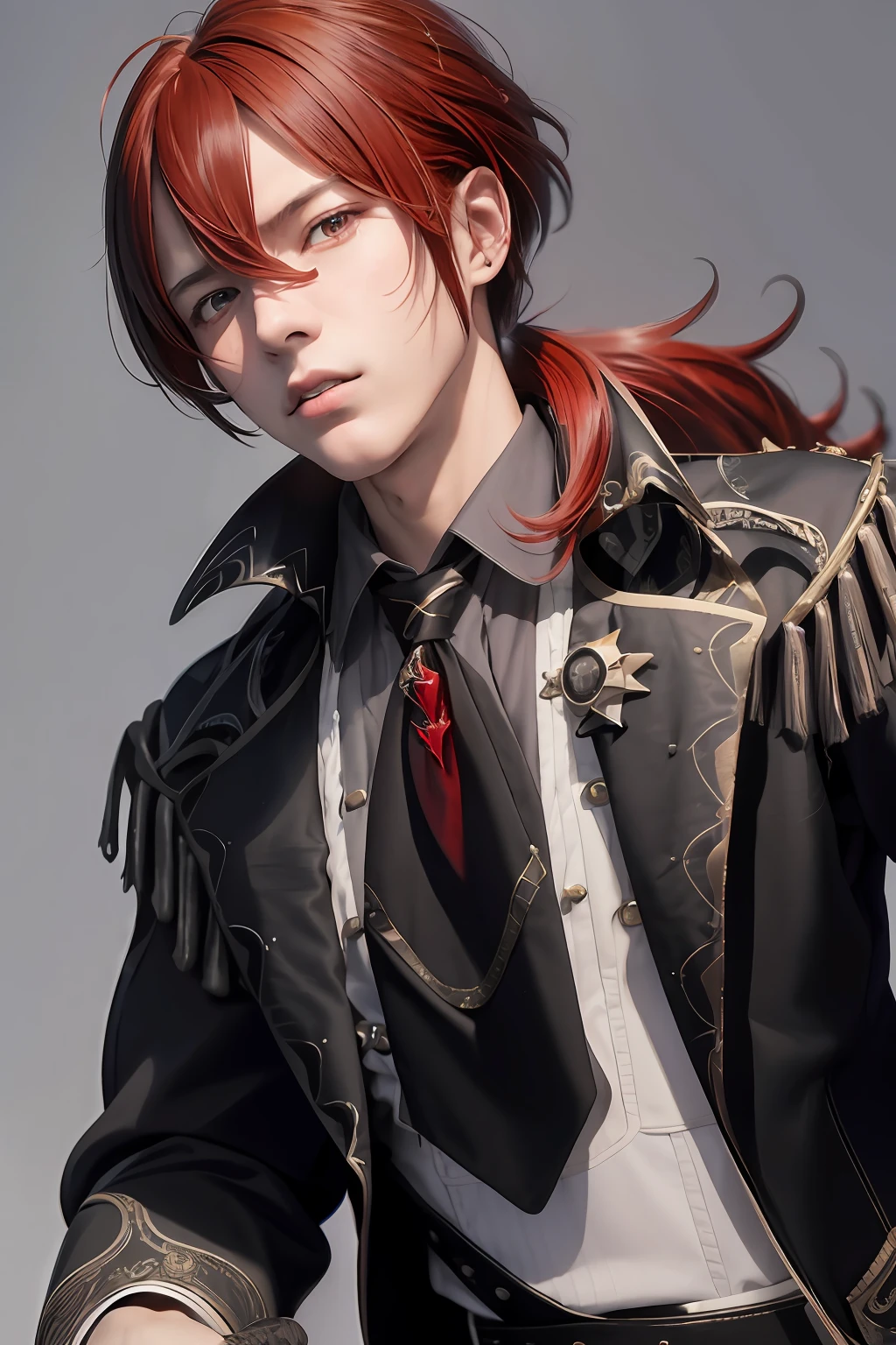 masterpiece, best quality,diluc (genshin impact), 1boy, red hair, male focus, long hair, gloves, solo, red eyes, bangs, long sleeves, looking at viewer, jacket, hair between eyes, ponytail, black gloves, black jacket,  (grey background:1.4),(kbxll:0.6)