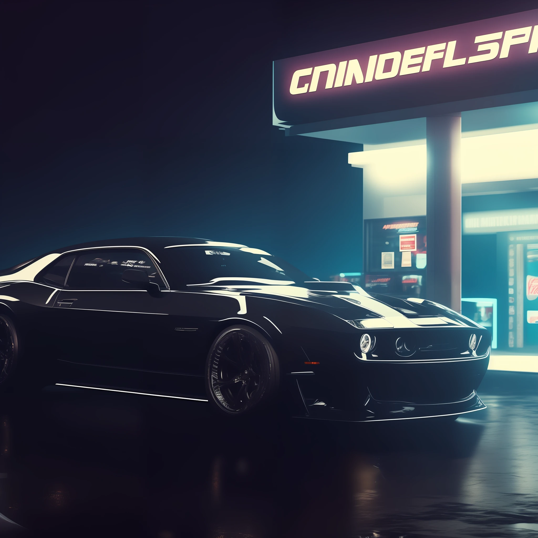 a luxurious black muscle car in front of a convenience store, night.  Cinematic wallpaper, 4k cinematic, octane render, photorealistic render, 8k octane render, concept render , digital art, illustration, concept, octane 3d.