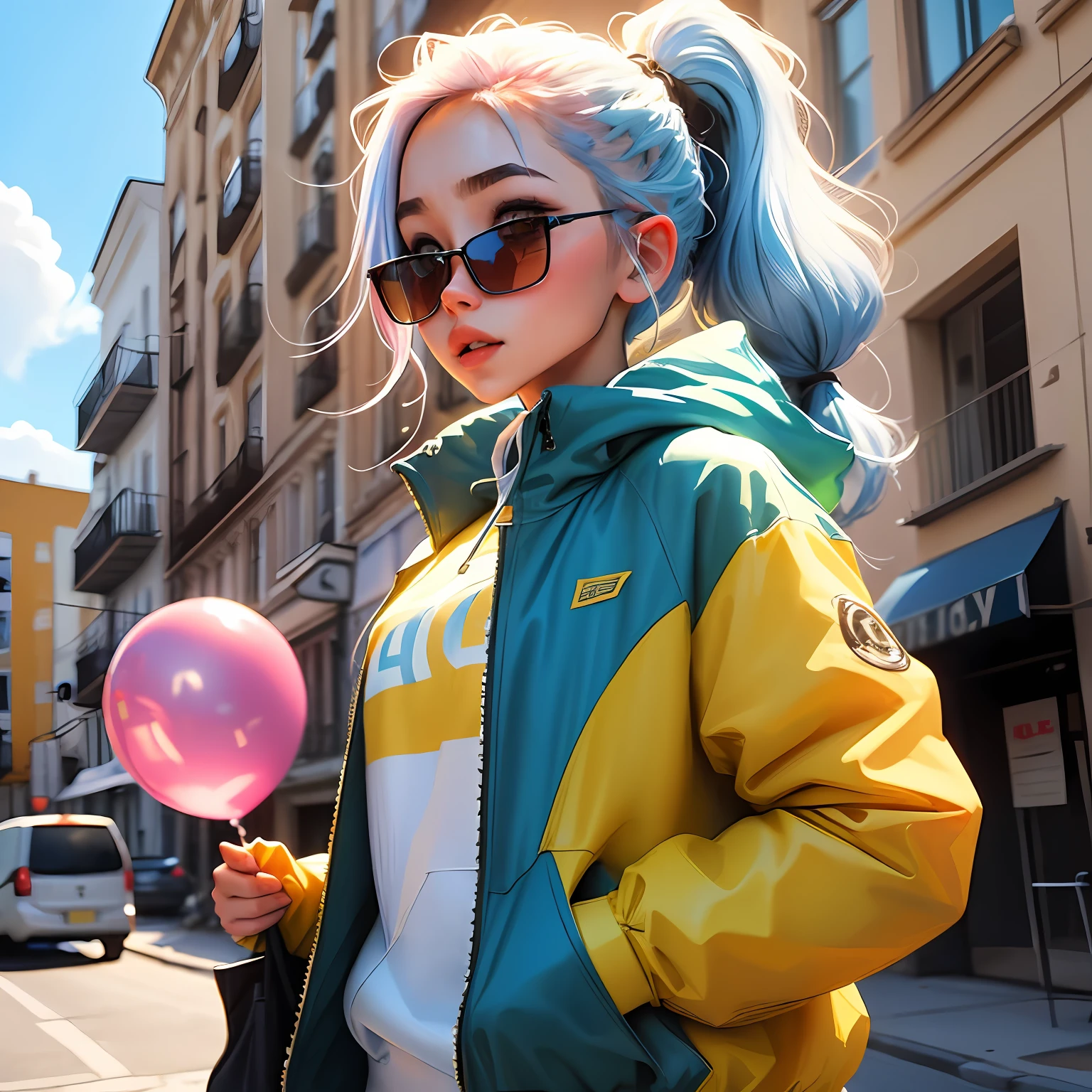 Loli girl, beautiful and cute, wearing blue sunglasses, yellow jacket, white sweatshirt, lots of colorful balloons, , chibi style, red and blue two-color hair, ponytail braided hair, perfect detail eyes, delicate face, perfect CG, HD picture quality, colorful balloons, sky, a white truck parked in front of a building, --auto --s2