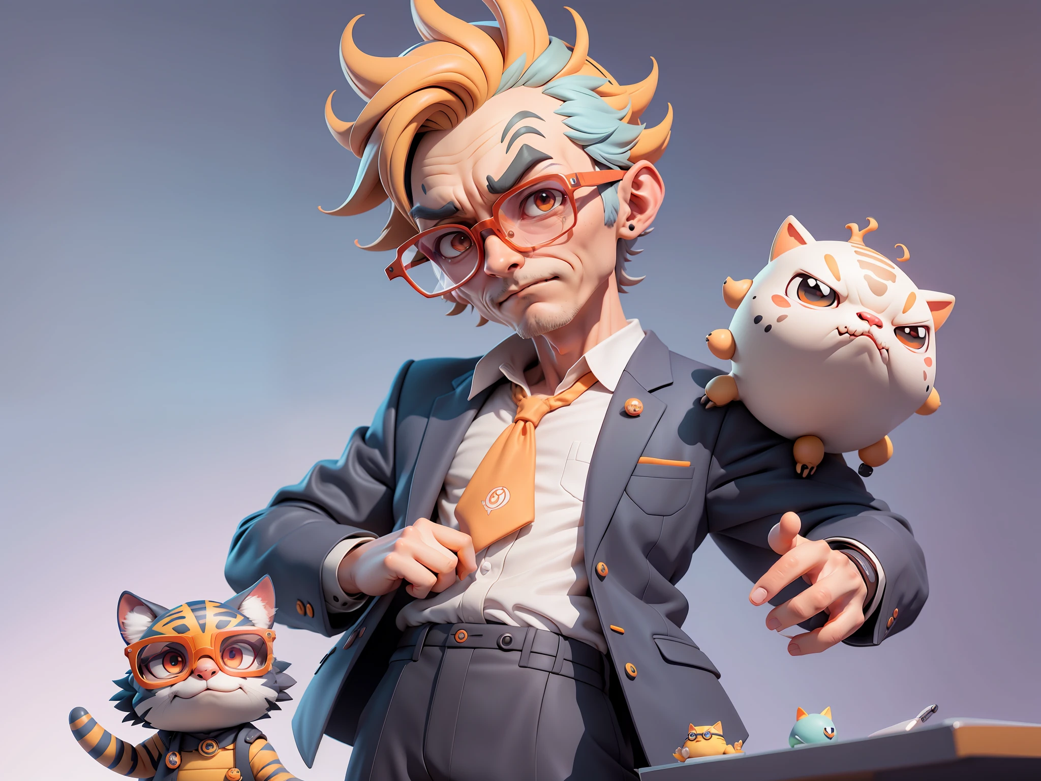 A young man in a suit, Short hair and glasses sat at his desk,holding laptop,digitial painting,tigre,3D character design by Mark Clairen and Pixar and Hayao Miyazaki and Akira Toriyama,4K HD illustration,Very detailed facial features and cartoon-style visuals。