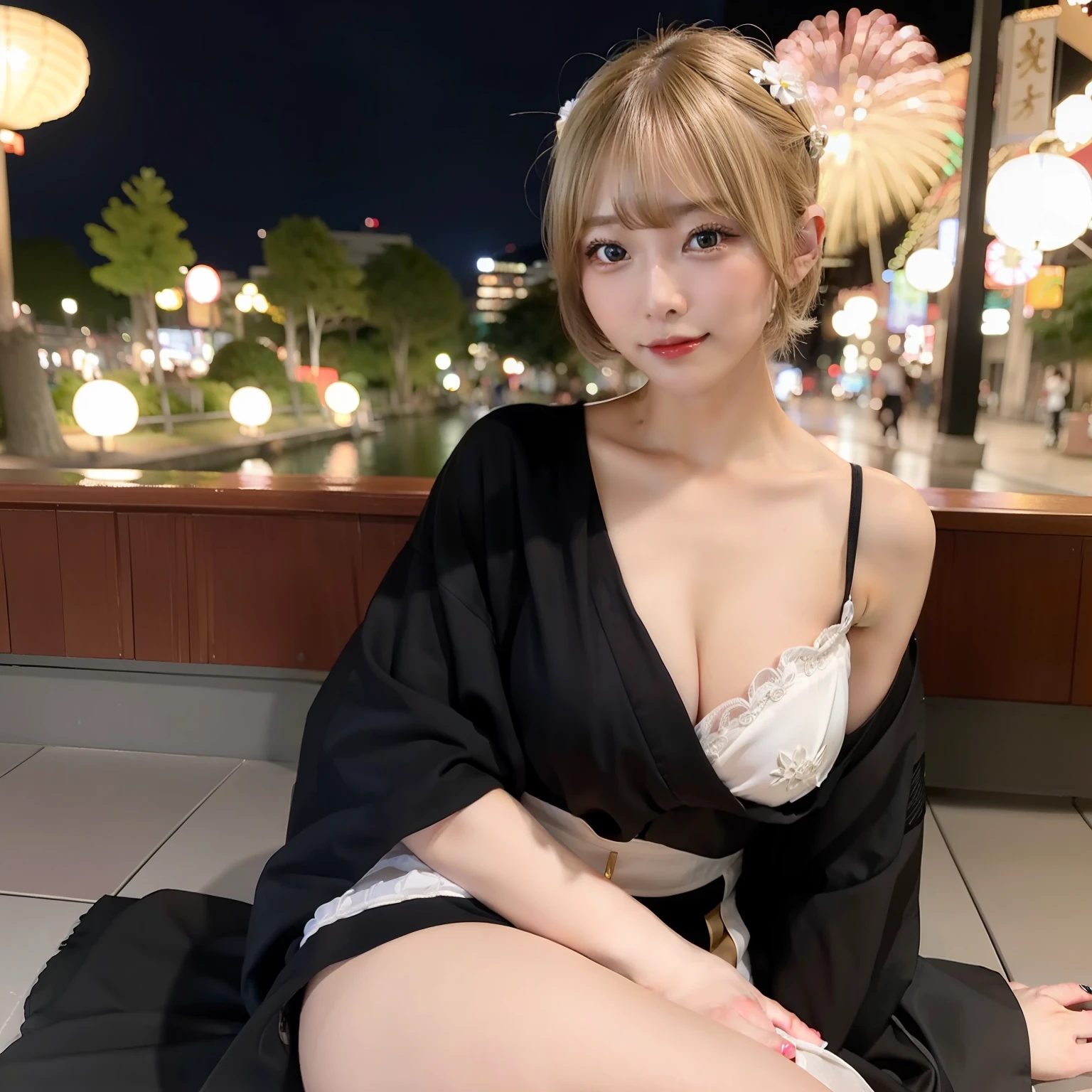 Yokohama Fireworks Festival, ???? woman taking off black yukata and ??????????????????, Blonde Shorthair，Gorgeous 20 year old Japan woman, ???? look at the camera, Good Young J Cup Bust Girl