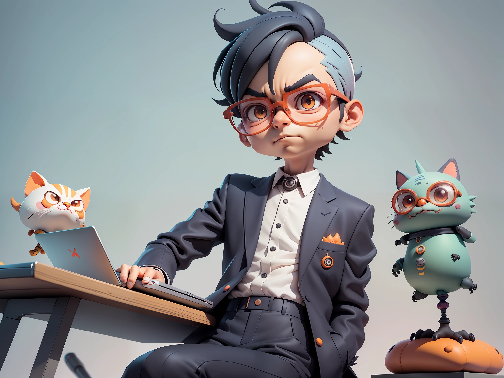 A young man in a suit, Short hair and glasses sat at his desk，holding laptop，digitial painting，tigre，3D character design by Mark Clairen and Pixar and Hayao Miyazaki and Akira Toriyama，4K HD illustration，Very detailed facial features and cartoon-style visuals。