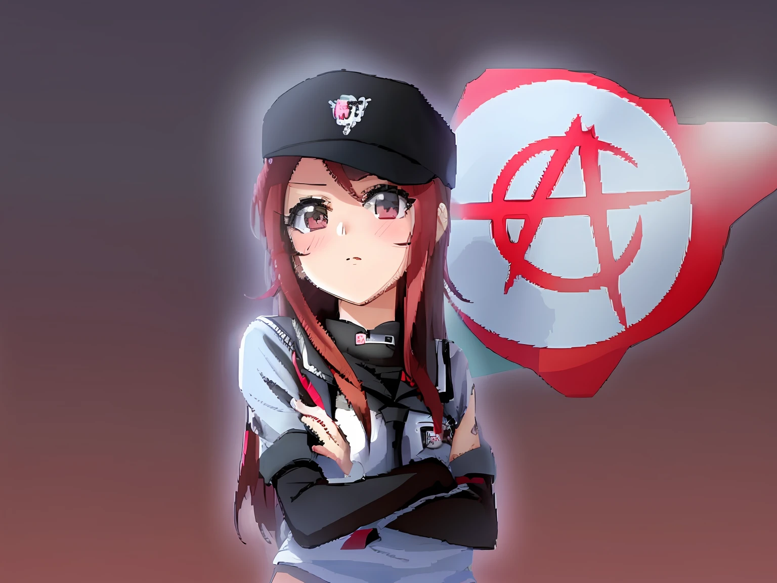 Image of a girl with a cat hat and a sign of Anarchy, Anarquia amarela, Chiaki Nanami, Danganronpa, Anarcho - Libertarian Hordes, anime!, Estilo anime", anime / manga, imagem do avatar, em estilo anime, em estilo anime, Sara Andersen, Estilo anime, manga, Estilo de arte de anime, por Shinoda Shop, fundo amarelo, realismo, detalhao, roupa amarela, roupa detalhada, cabelo preto