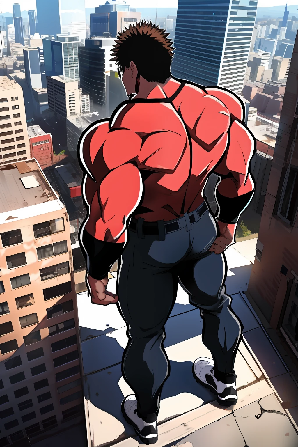 Generate an anime-style artwork featuring a high angle shot of a muscular male character with his back turned to the camera, THE CHARACTER IS ON TOP OF A HIGH BUILDING, The protagonist should possess an extremely muscular body, akin to that of a bodybuilder. The character should have very short hair and be dressed in a white tank top, black pants, and black boots.The image should depict the full body of the character, with the focus on their intimidating stance from behind. The protagonist should exude strength and dominance, displaying a powerful presence. The scene should feature only the muscular character, THE CHARACTER MUST BE ON TOP OF A BUILDINGS SHOWING A BIG CITY BELOW HIM