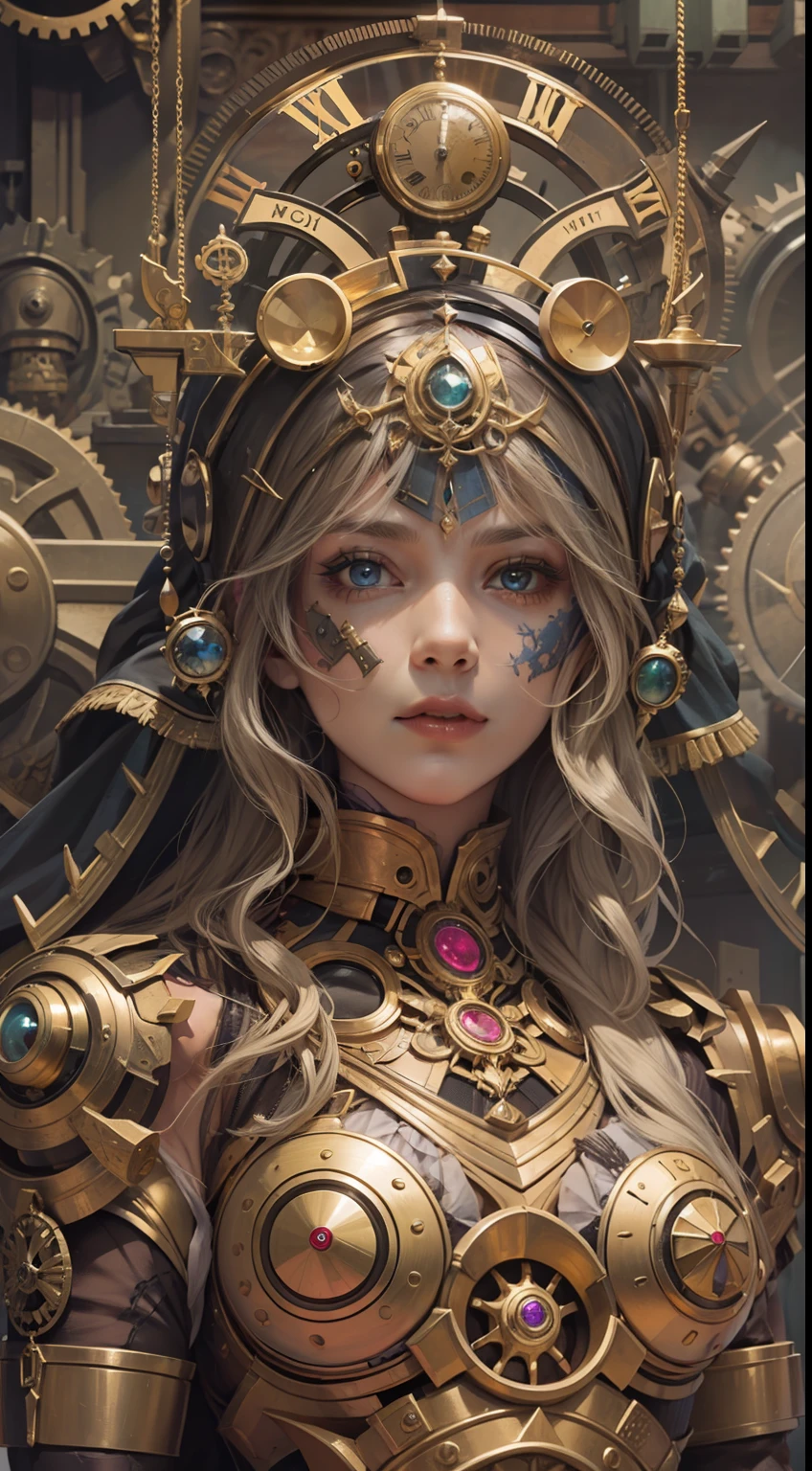 Beautiful woman in insanely intricate Clockwork Golem Outfit