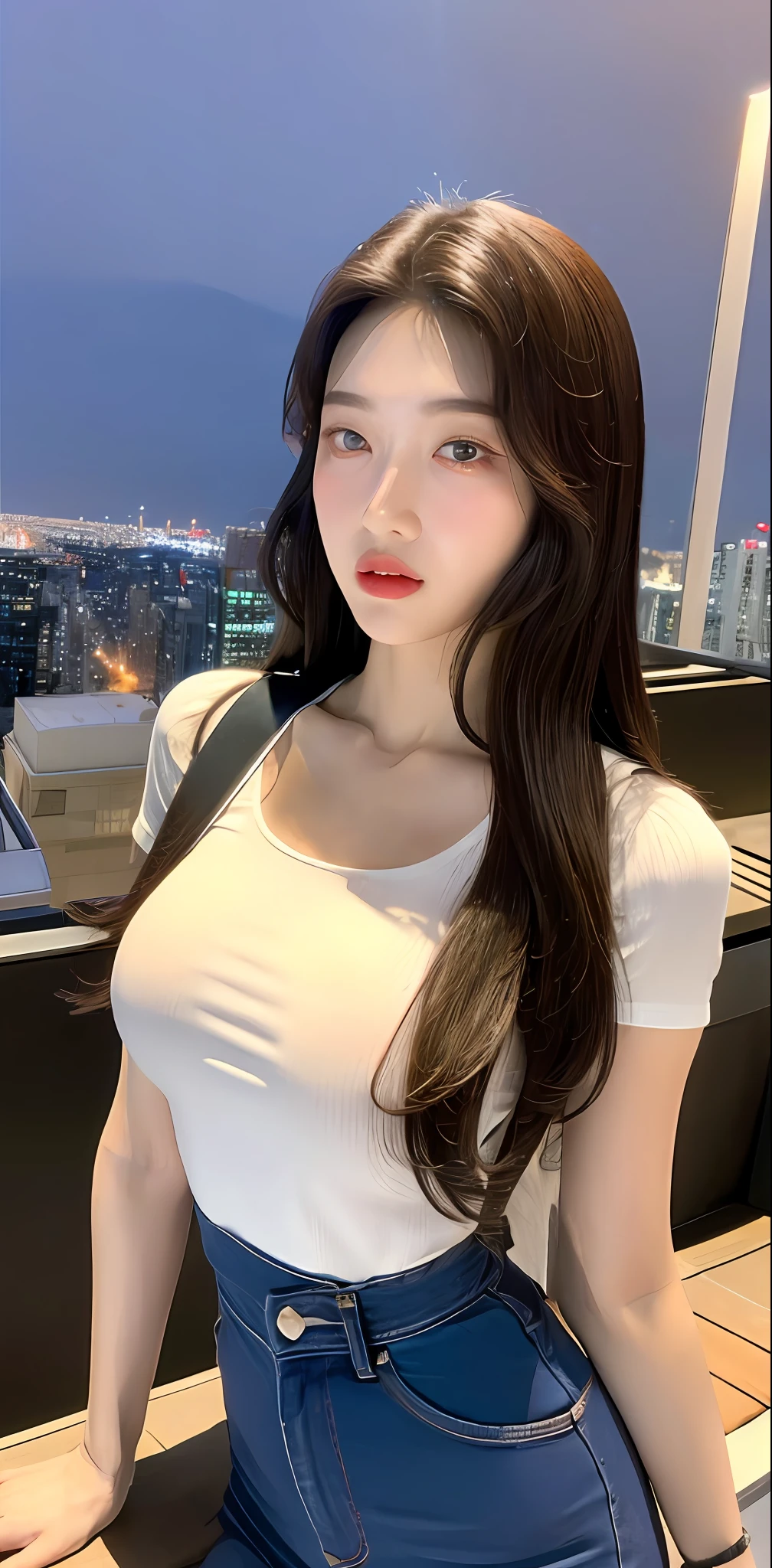 ((Midnight, Best quality, 8k, Masterpiece :1.3)), Whole body, Long legs, Sharp focus :1.2, A pretty woman with perfect figure :1.4, Slender abs :1.1, ((Dark brown hair, Big breasts :1.2)), (White tight tshirt, Jean bib, Standing:1.2), ((Night city view, Rooftop:1.3)), Highly detailed face and skin texture, Detailed eyes, Double eyelid