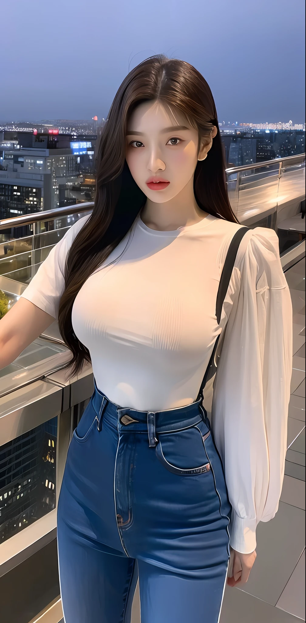 ((Midnight, Best quality, 8k, Masterpiece :1.3)), Whole body, Long legs, Sharp focus :1.2, A pretty woman with perfect figure :1.4, Slender abs :1.1, ((Dark brown hair, Big breasts :1.2)), (White tight tshirt, Jean bib, Standing:1.2), ((Night city view, Rooftop:1.3)), Highly detailed face and skin texture, Detailed eyes, Double eyelid