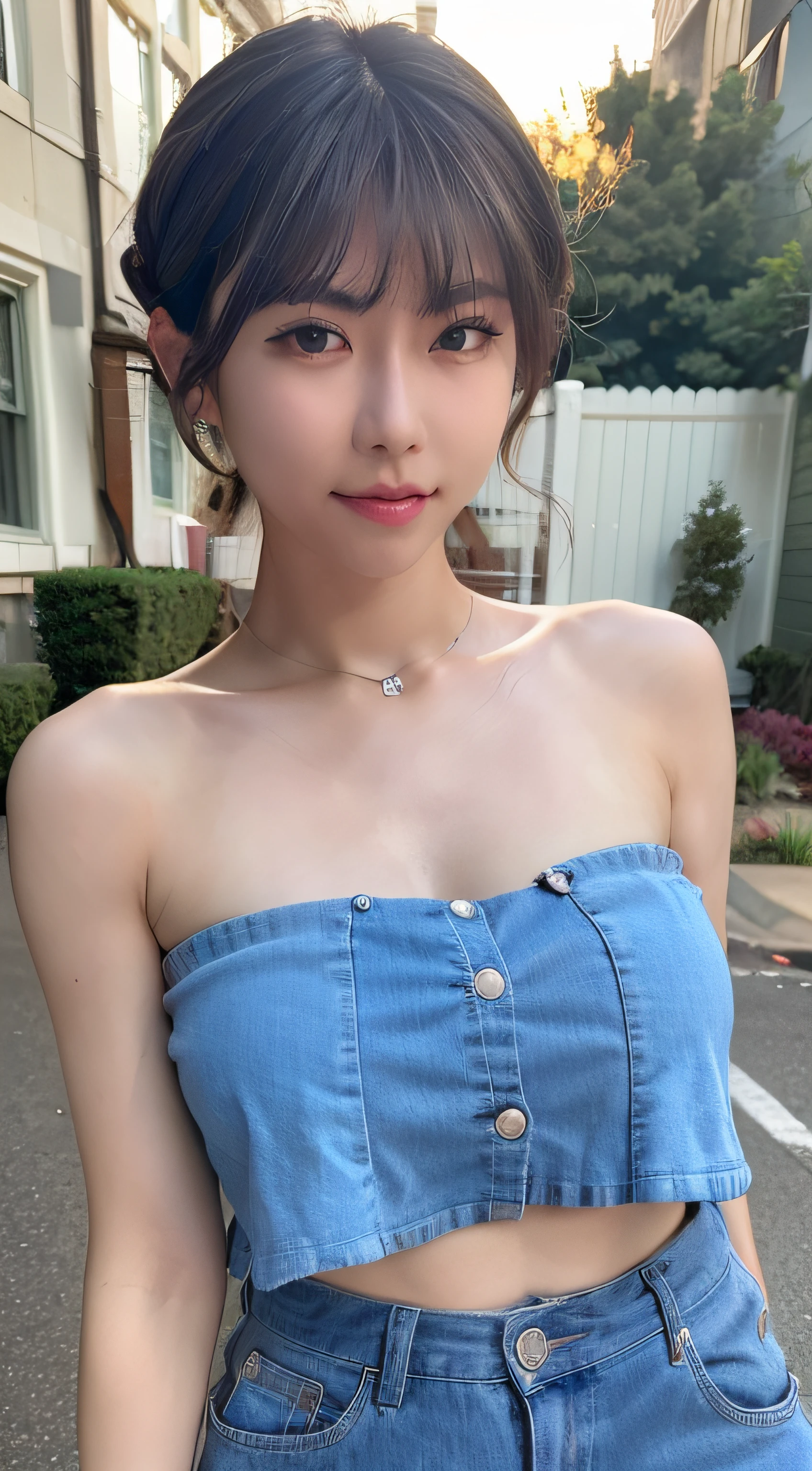 (8K, Raw photo, Best Quality, masutepiece:1.2), (Realistic, Photorealsitic:1.37), Best Quality, 超A high resolution, NFSW Backlit, light leaks, Dynamic lighting, slim, Smooth skin, (pureerosface_v1:1), bond, Navel, Kpop Idol, (Beautiful detailed eyes:1),(beautifull detailed face:1),(Freebuff:1.2), Outdoors, ulzzang-6500, 1girl in, Standing, Upper body, (:1.2), , from the front side, Front view, Looking at Viewer, Huge breasts, arms behind back, Street, Sunlight,
