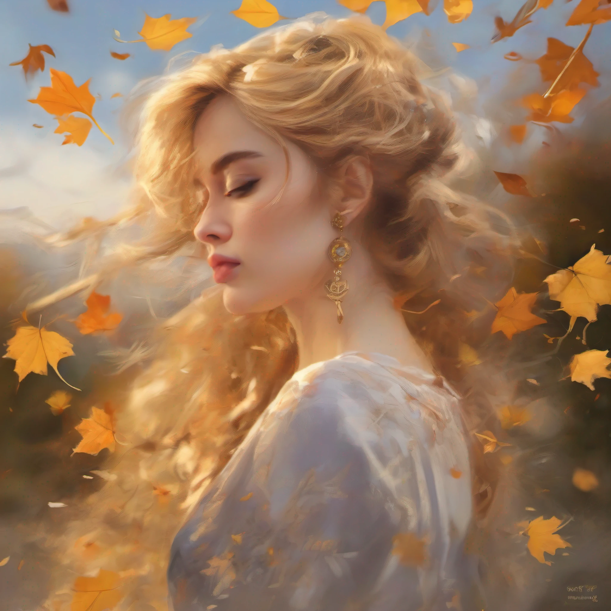 Last saved image: textual_inversion\2023-07-29\Mind Blaster\images\Mind Blaster-620000.png, prompt: a small painting of a digital painting of a woman with gold hair and flowers in her hair, wearing a gold dress and a gold necklace, 1girl, autumn, autumn leaves, blurry, blurry background, blurry foreground, brown hair, confetti, depth of field, earrings, embers, eyelashes, falling leaves, falling petals, feathers, flower, ginkgo leaf, gold, hair ornament, jewelry, leaf, leaves in wind, lips, long hair, looking at viewer, mascara, motion blur, parted lips, petals, portrait, rose petals, solo, teeth, wind, art by Mind Blaster