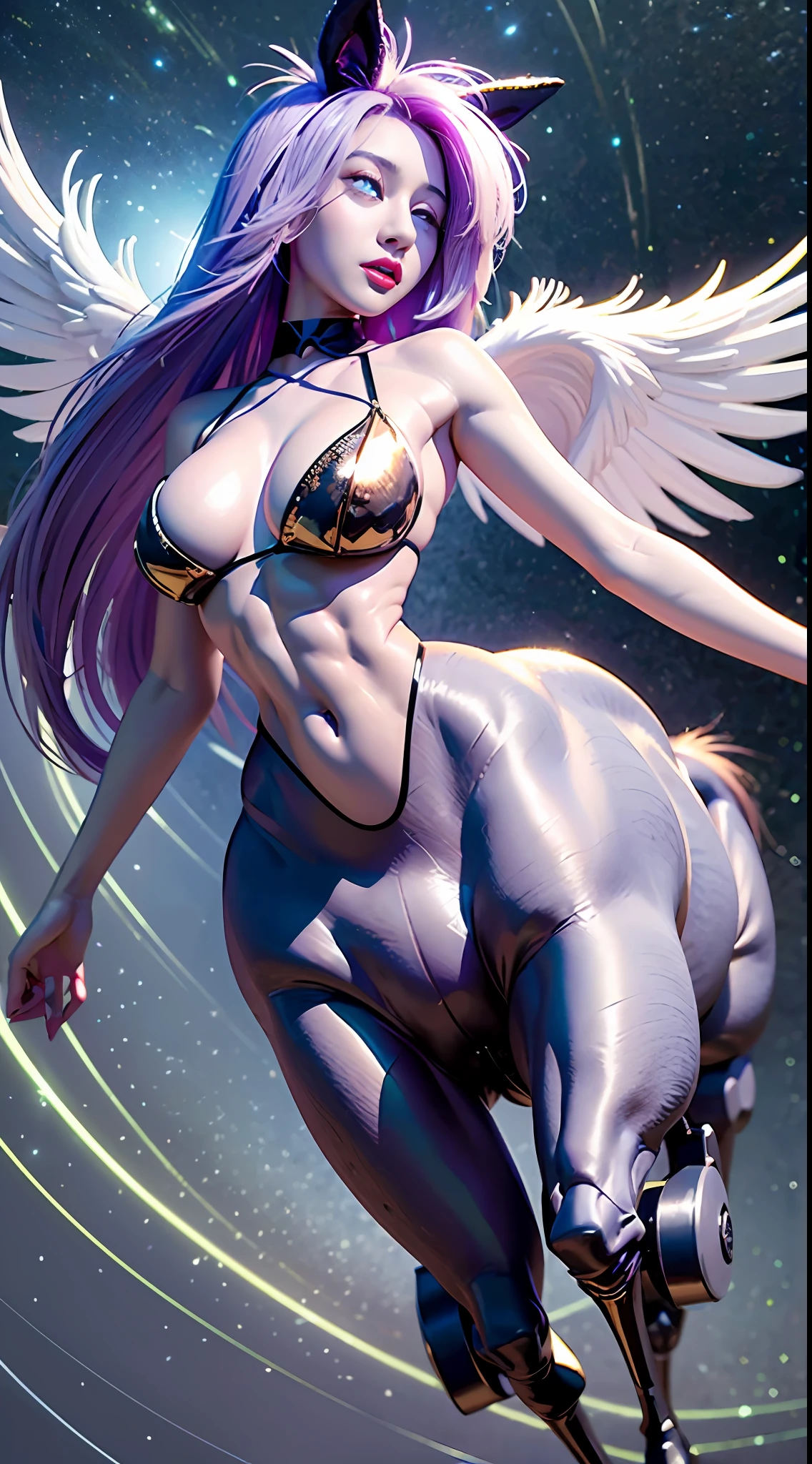 A female centaur,She is famous in the multiverse,She is both a female centaur, half human, half horse, half horse,It is also a heroic move,Her image incorporates the female body of the horse's head, neck and shoulders,Transforms into a beautiful female human upper body,Female, half-centaur, half-human, half-horse, half-human,and female half-horses performing feminization with chimeras with beauties,It's like a chimera of a female human and a female bodyized half-horse,This chimerization is based on powerful futuristic technology。The ultra-wide-angle lens captures the beautiful and ethereal image of her light wings on the ionosphere and making jumps。Her front half is a tall, sexy body with obvious feminine characteristics,Has K cup teardrop-shaped giant tit chest,Small man-waisted butterflies span long legs,The half-horse of the back half of the body is embedded in the front half of the body at the hip position,The horse-shaped half-horse torso form of the back half of the body is completely female and humanized,A sexy bent dog style shaped chest cavity embedded from the upper end of the sternum is embedded in the hips,Then there are the waist and abdomen of sexy beauties and straight hips,Her entire body has been completely feminized,Includes the half-horse part of the hind body,Mechanize the anti-joints and feet in the shape of the hind leg horse's knee and personify these parts,Make the legs graceful and slender,She has four slender legs like a supermodel,Under the legs are the feet of humans wearing skyscraper heels,Use Midjourney's advanced stroke tools and color palettes, as well as texture packs, model packs, and texture tools,Concentration,Femaleize all parts of her original equine physiologic appearance,And give these parts an ergonomic appearance,Fine treatment of details in the structure of the back body, chest, abdominal cavity and hip legs,Tighten the contours of the chest and abdomen of the transverse posterior body,Tighten lines,Add feminine mechanical