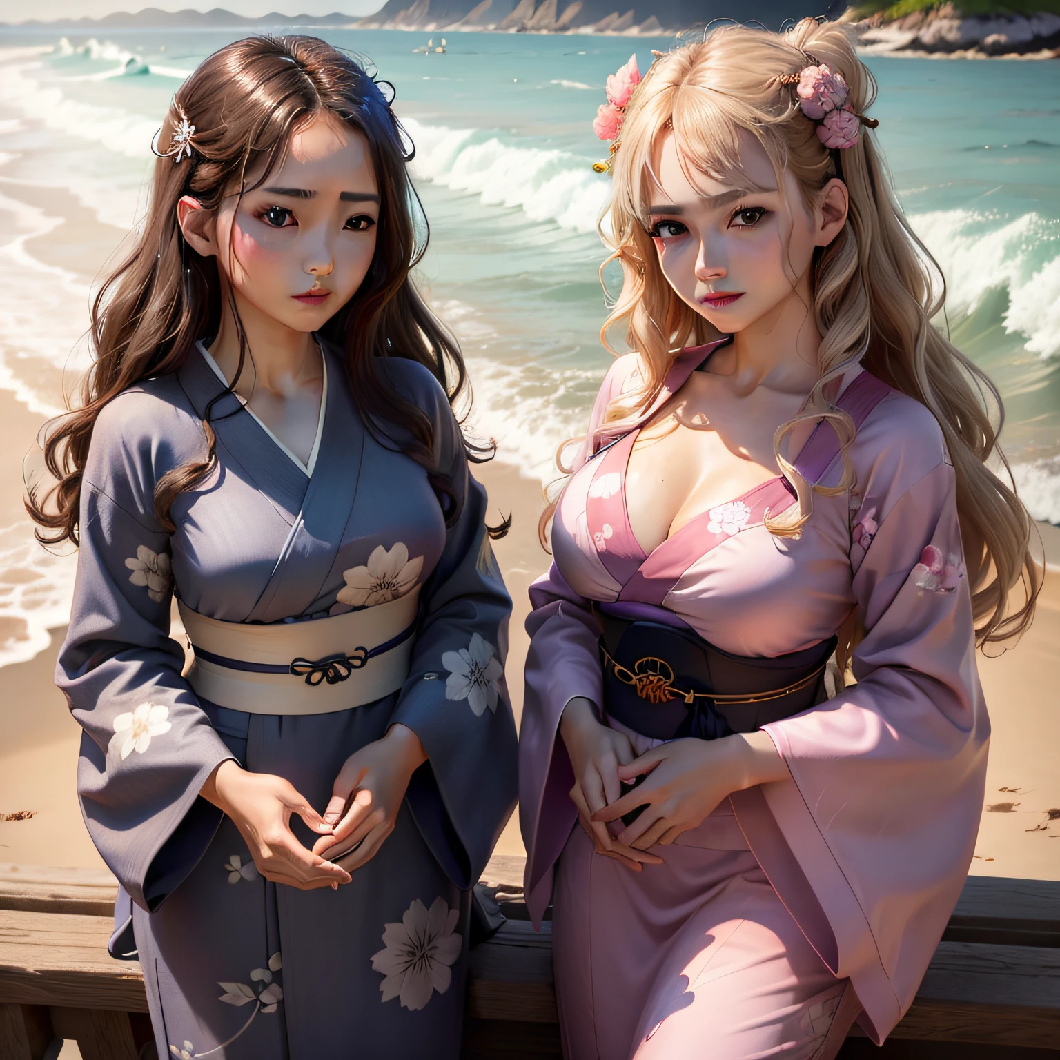 2girls, ((masterpiece、top-quality、ultra-definition、hight resolution))、4K picture quality、((Beautuful Women))、22year old、wetted skin、radiant eyes、perfect eyes、((Beautiful Nordic sisters))、the beach,Background crowd、((Long Wave Hair))、((facial close-up))、(((Wearing a bell sleeve yukata)))、masterpiece、top-quality、ultra-definition、hight resolution))、4K picture quality、