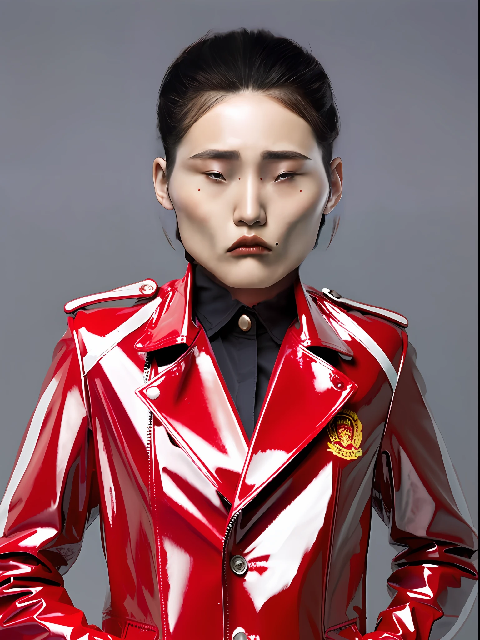 A Chinese high school girl，Wearing a red PVC blazer，Plump body shape，Capable short hair