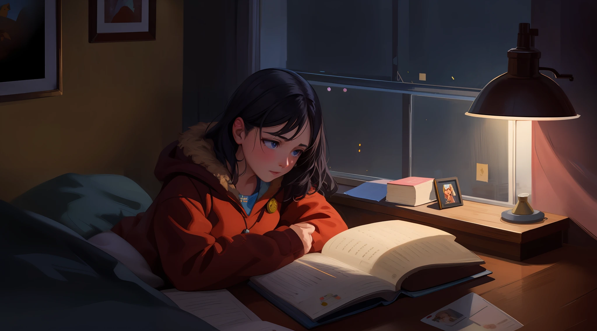 There's a girl reading a book in the dark through the window, pintura realista da ****** bonito, retrato do livro, Procreate Illustration, Atey Ghailan 8 K, Ler um livro, Estudo noturno, Estudar, realistic illustration, Arte no estilo de Guweiz, Directed by: Atey Ghailan, painting digital adorable, por Yang J, estudar no quarto